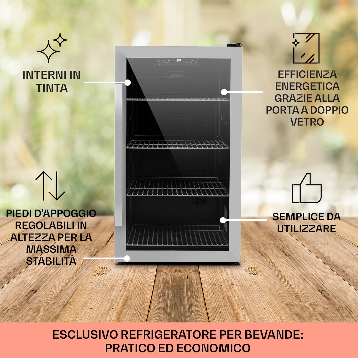 Beersafe 4XL - Frigorifero, 124 litri, 4 ripiani, sportello panoramico in vetro, acciaio inox 124 L | Nero | Argento