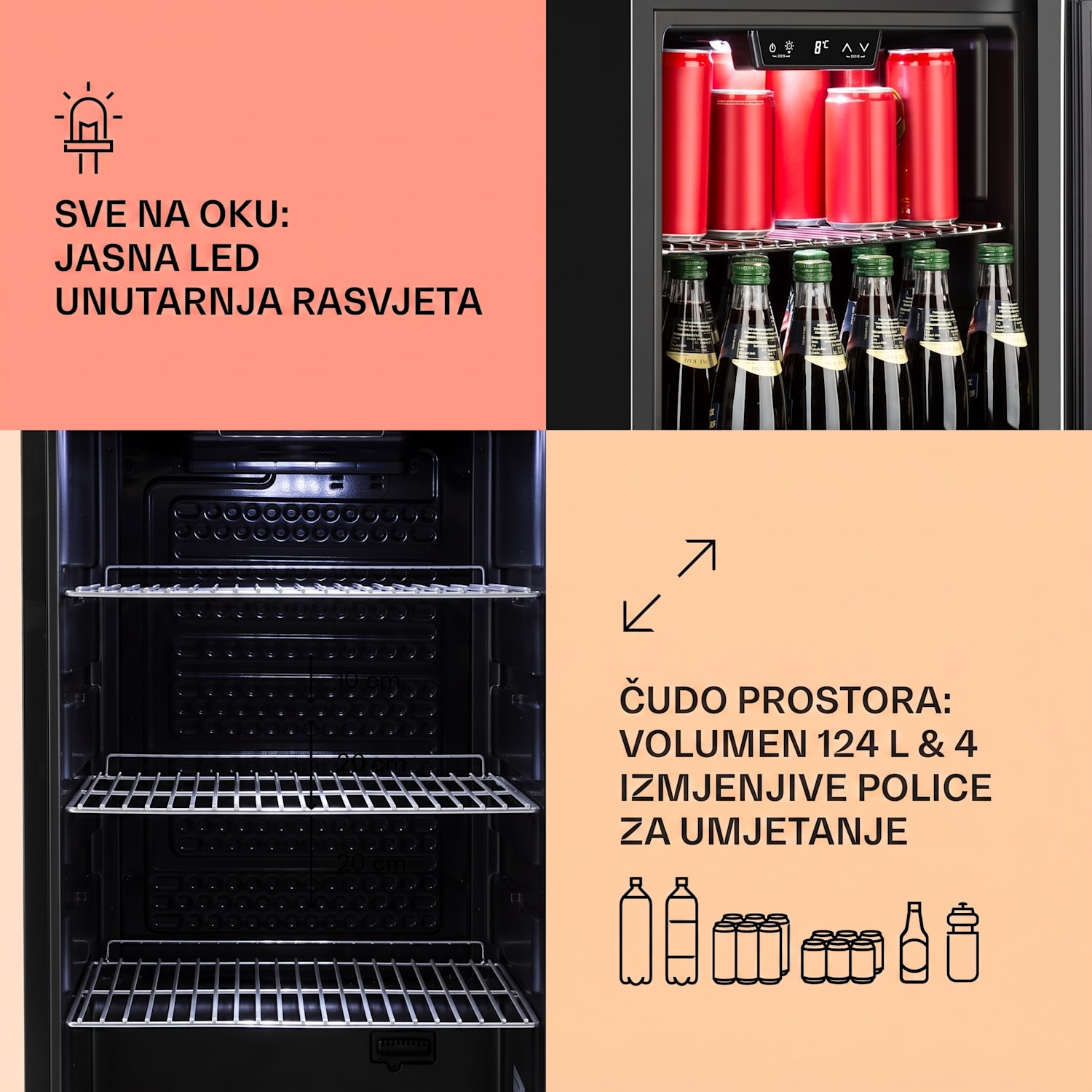 Beersafe 4XL, hladnjak, za napitke, 124 L, 0-10 ° C, staklo, G, nehrđajući čelik 124 L | Crna | Srebro