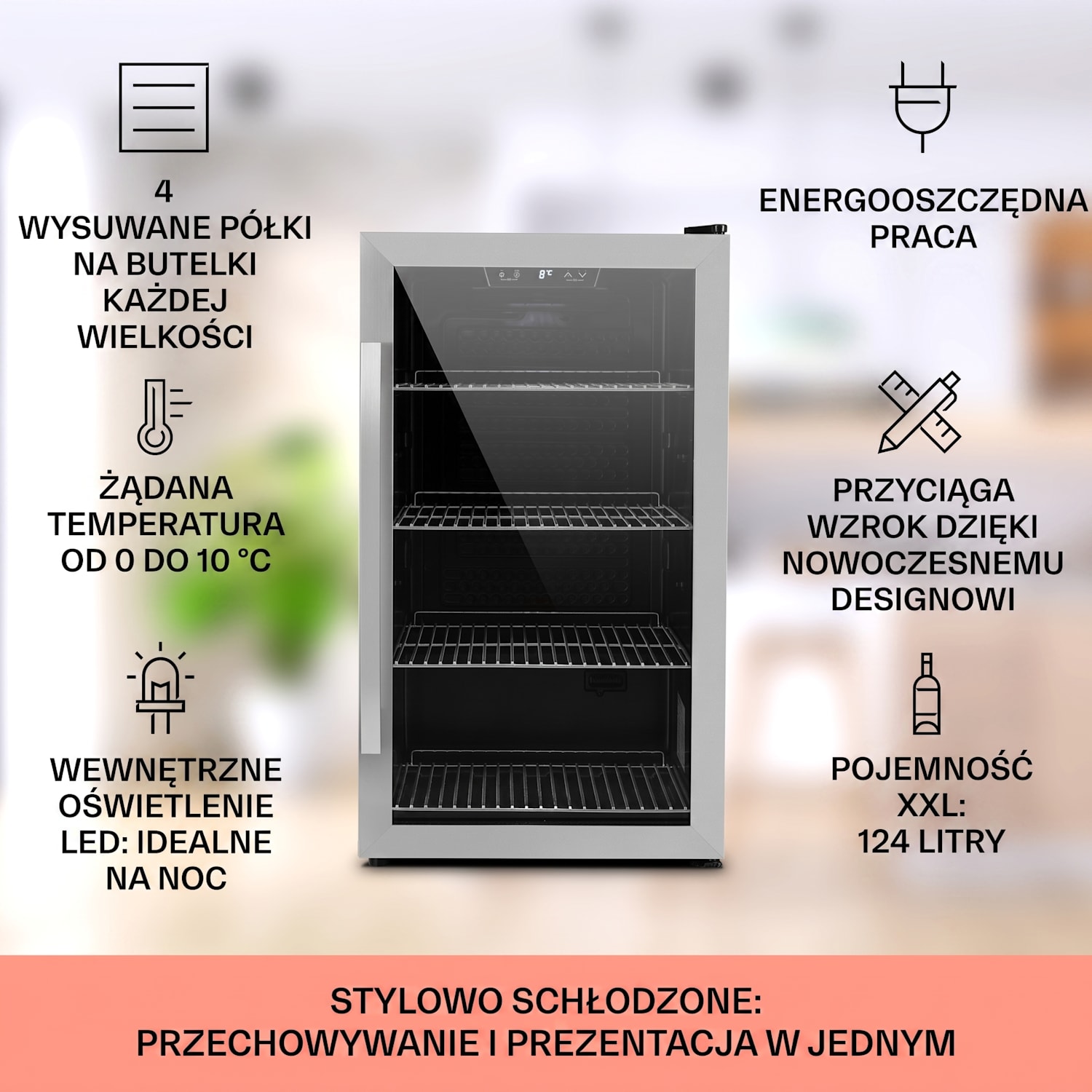 Beersafe 4XL, lodówka na napoje, 124 l, 0-10°C, szkło, G, stal nierdzewna 124 L | Czarny | Srebrny