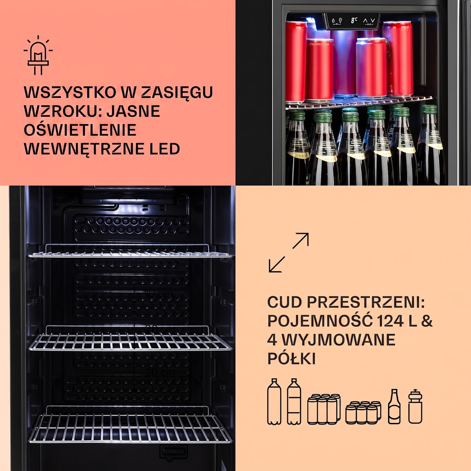 Beersafe 4XL, lodówka na napoje, 124 l, 0-10°C, szkło, G, stal nierdzewna 124 L | Czarny | Srebrny