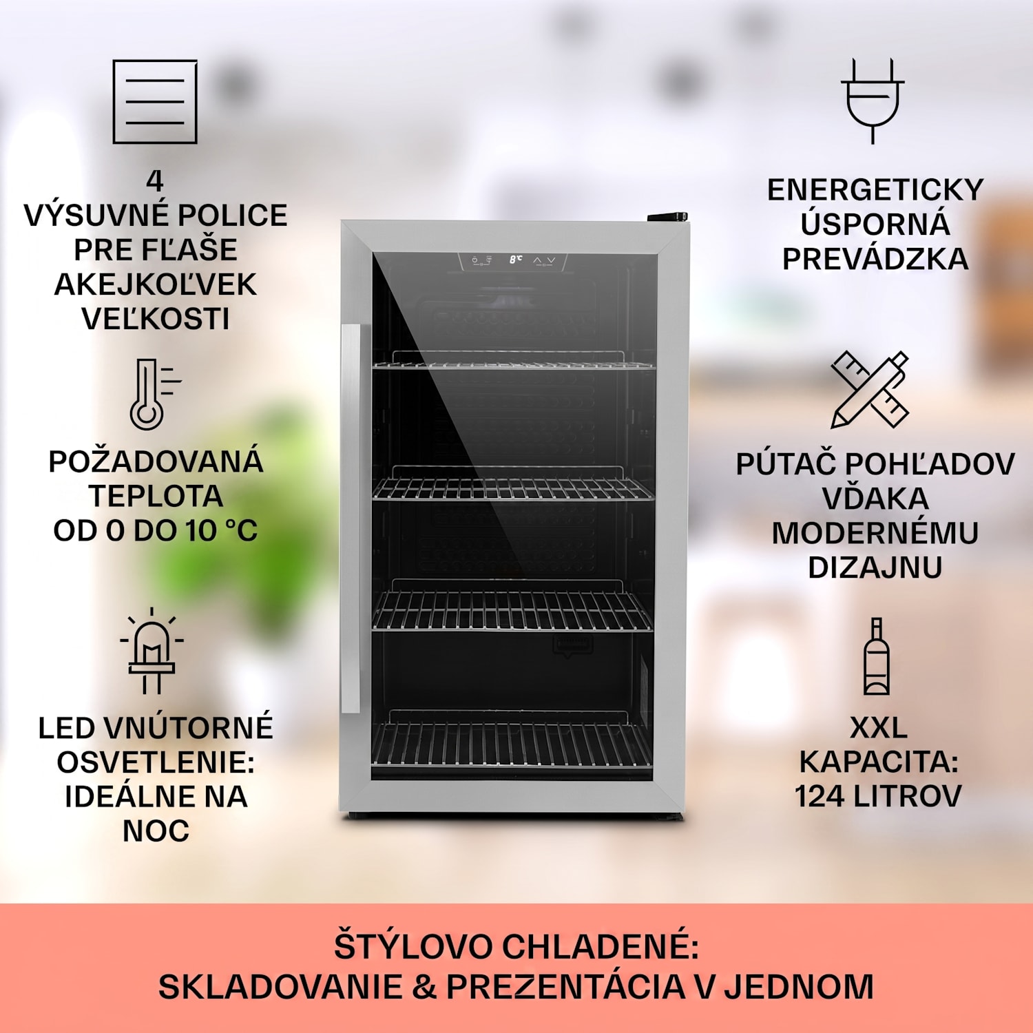 Beersafe 4XL, chladnička, 124 l, 0-10°C, sklo, energet. trieda G, nehrdzavejúca oceľ 124 L | Čierna | Strieborná