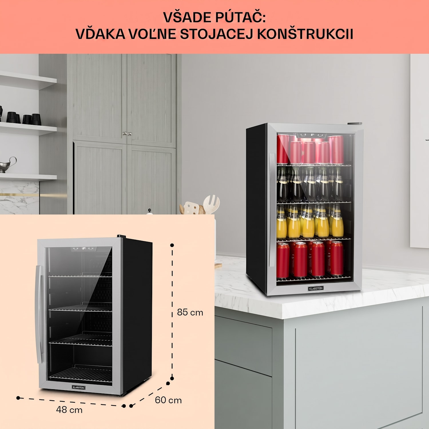 Beersafe 4XL, chladnička, 124 l, 0-10°C, sklo, energet. trieda G, nehrdzavejúca oceľ 124 L | Čierna | Strieborná