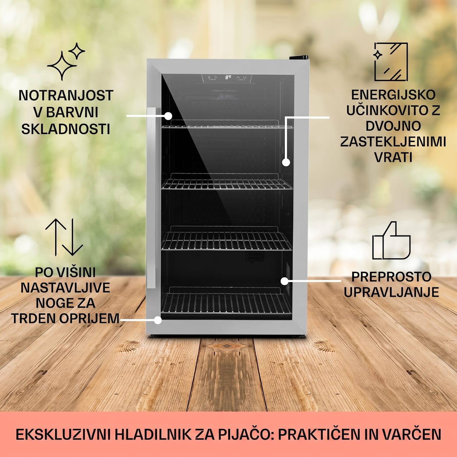 Beersafe 4XL, hladilnik, za pijačo, 124 l, 0-10 °C, steklo, G, nerjaveče jeklo 124 L | Črna | Srebrna
