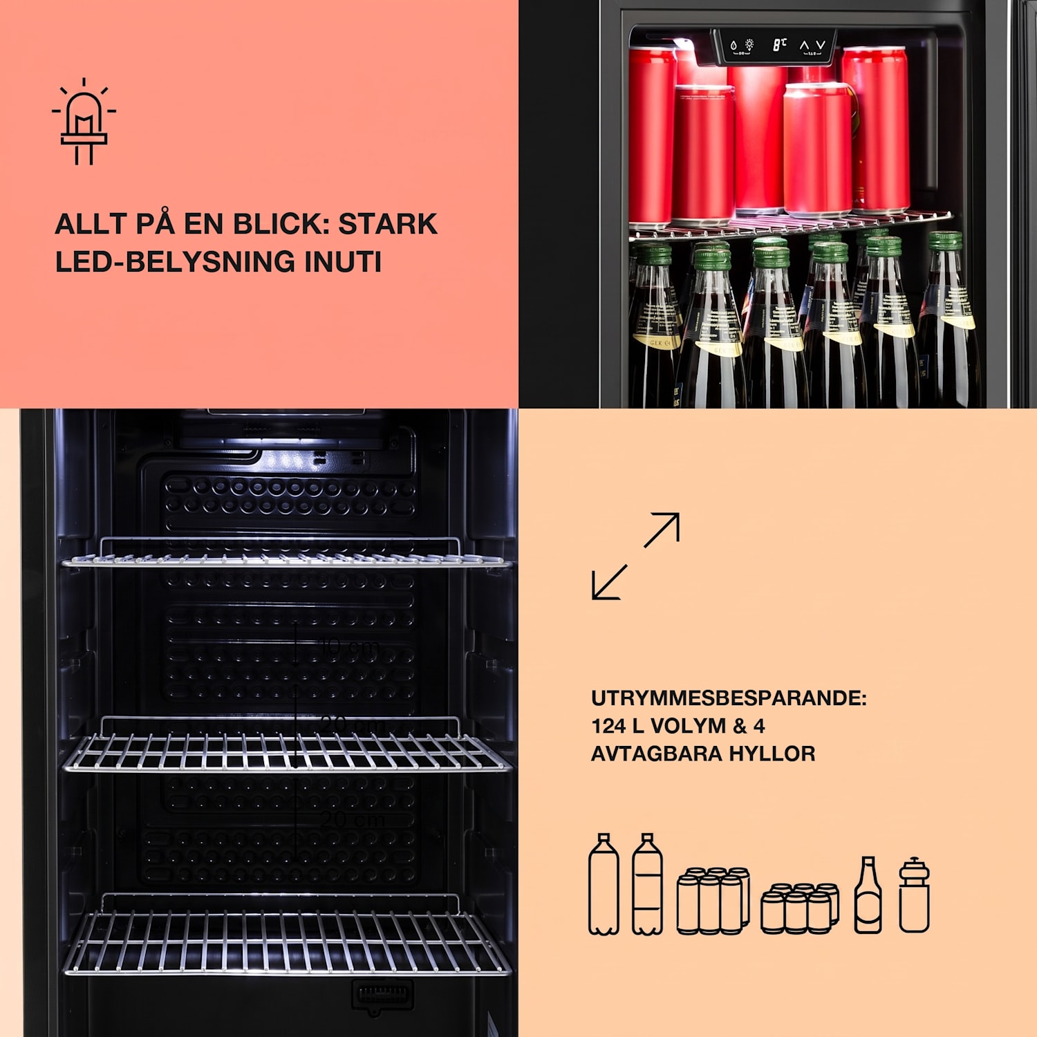 Beersafe 4XL dryckeskyl 124 liter 4 hyllor panoramaglasdörr rostfritt stål 124 L | E | Silver | Silver