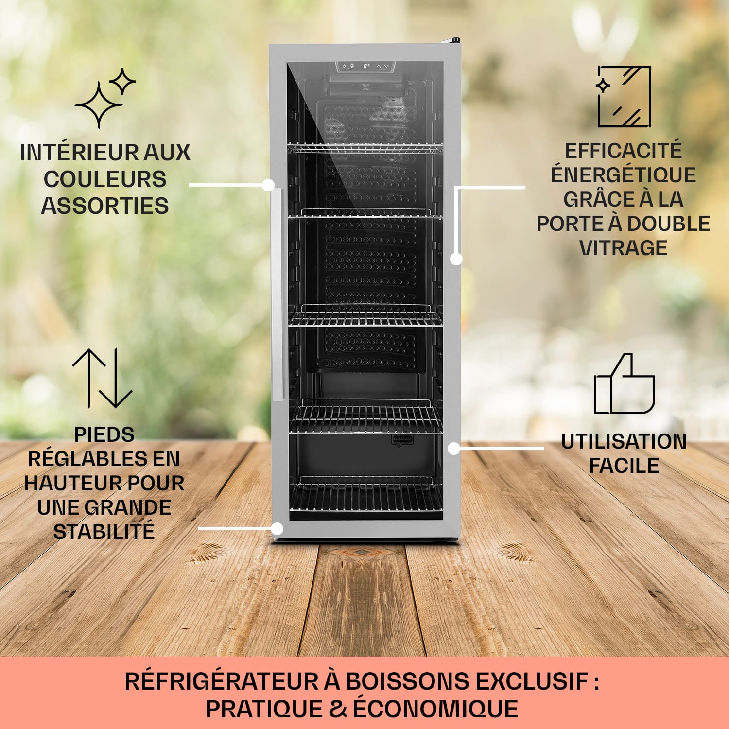 Beersafe 6XL Réfrigérateur 171 litres 5 étagères Porte en verre panoramique Acier inoxydable 171 L | Noir | Argent