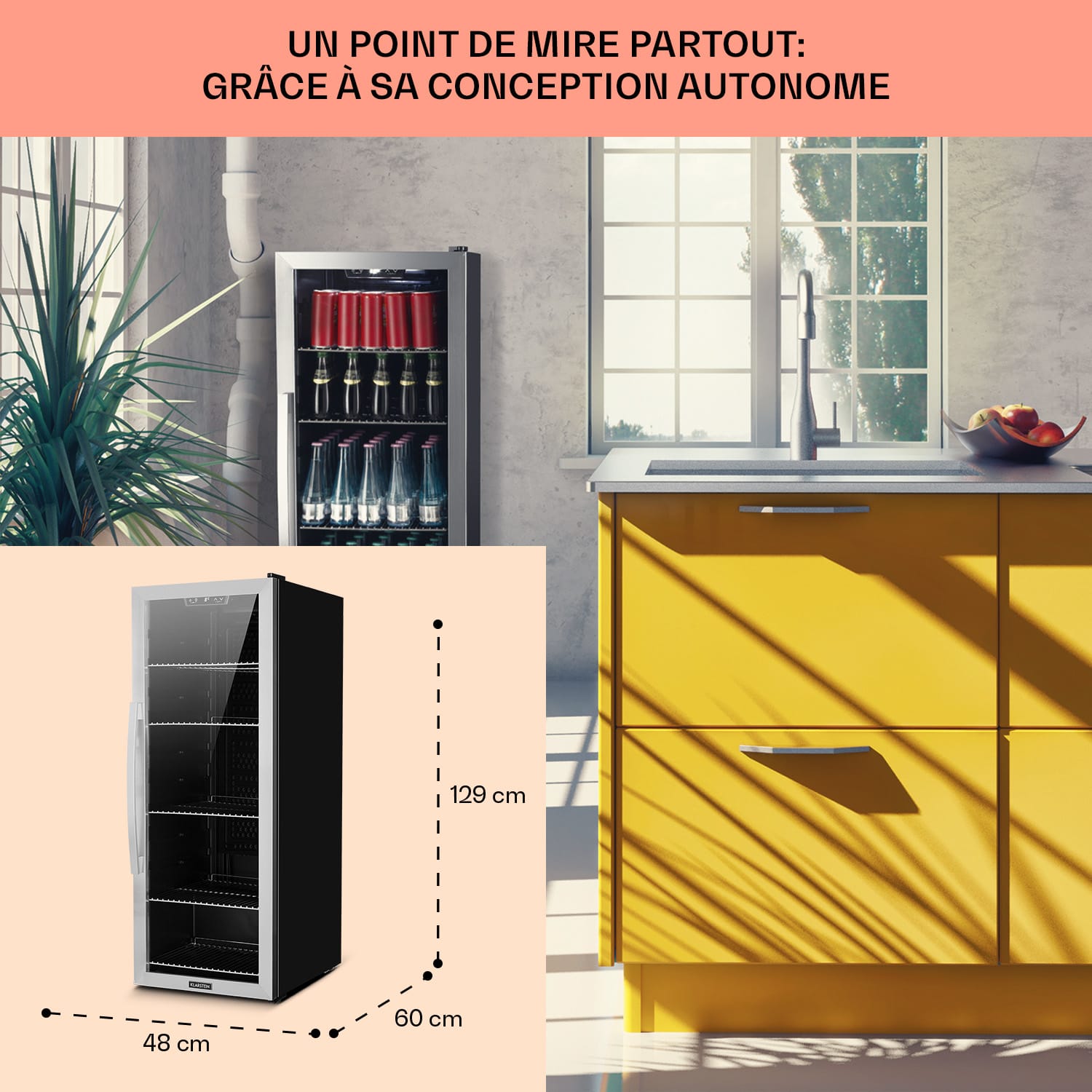 Beersafe 6XL Réfrigérateur 171 litres 5 étagères Porte en verre panoramique Acier inoxydable 171 L | Noir | Argent