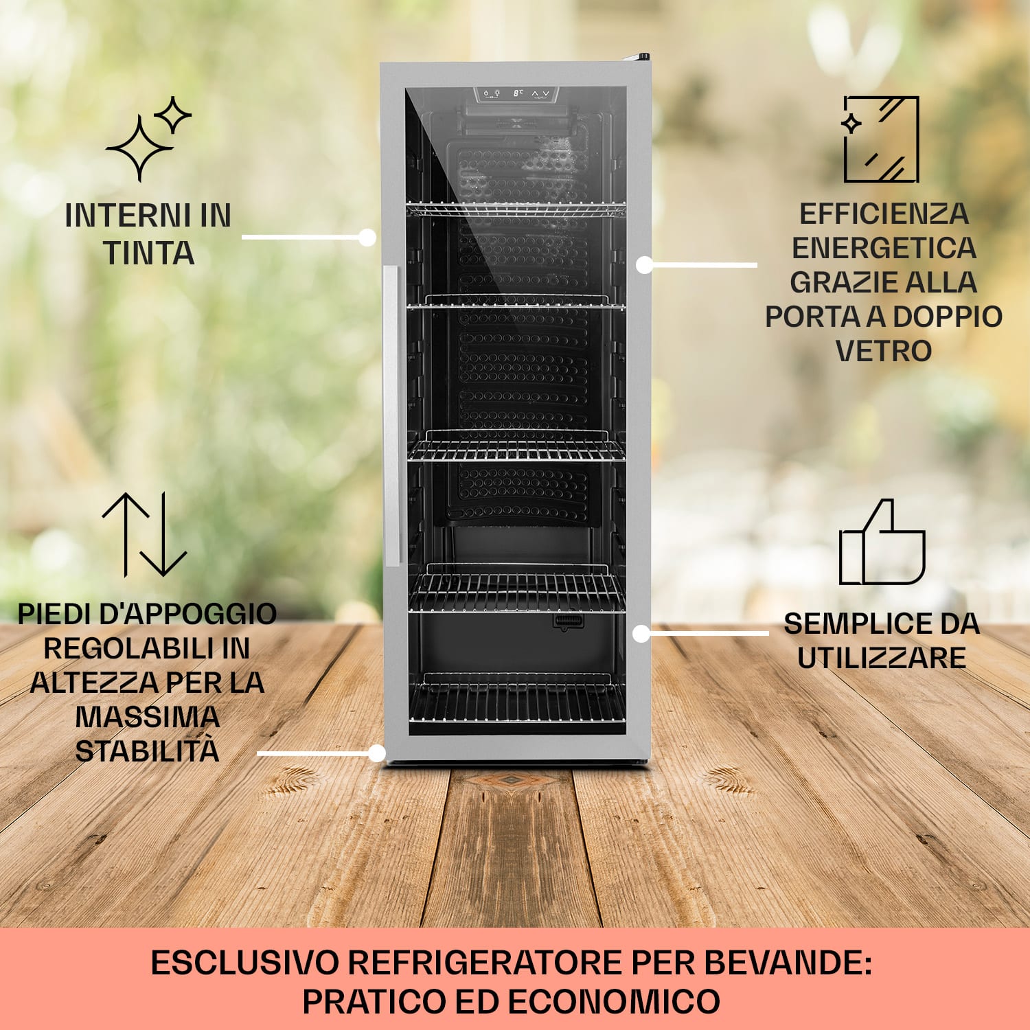 Beersafe 6XL - Frigorifero, 171 litri, 5 ripiani, sportello panoramico in vetro, acciaio inox 171 L | Nero | Argento