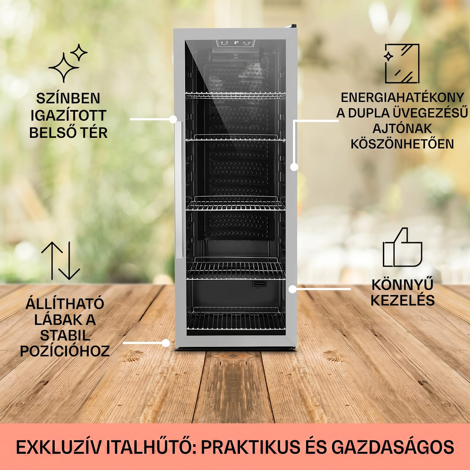 Beersafe 6XL, italhűtőszekrény, 171 liter, 0 -10°C, üveg, G energiahatékonysági osztály, rozsdamentes acél 171 L | Fekete | Ezüst