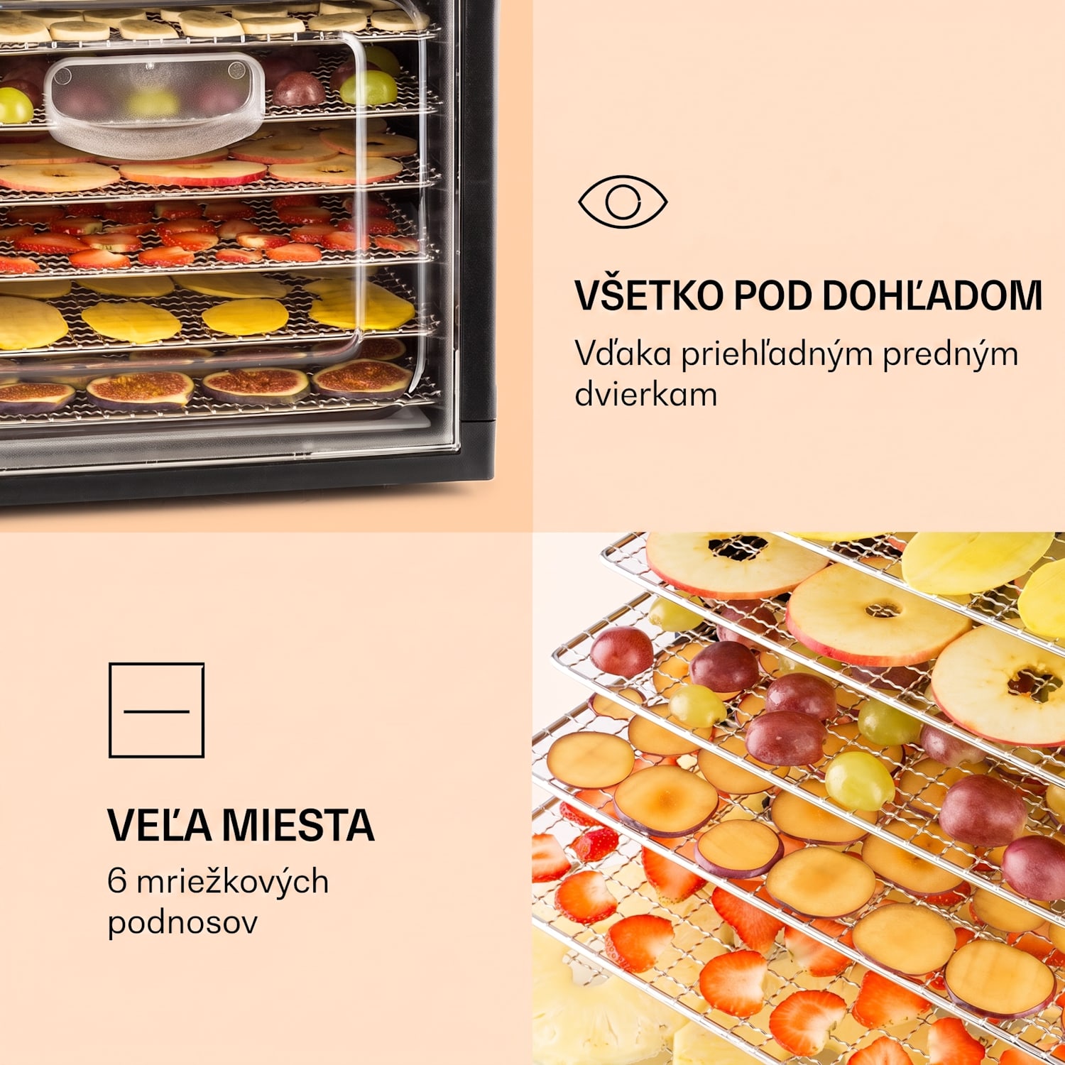 Fruit Jerky Plus 6, sušička ovocia, 420-500 W, časovač, 6 poschodí, čierna 6 roštov