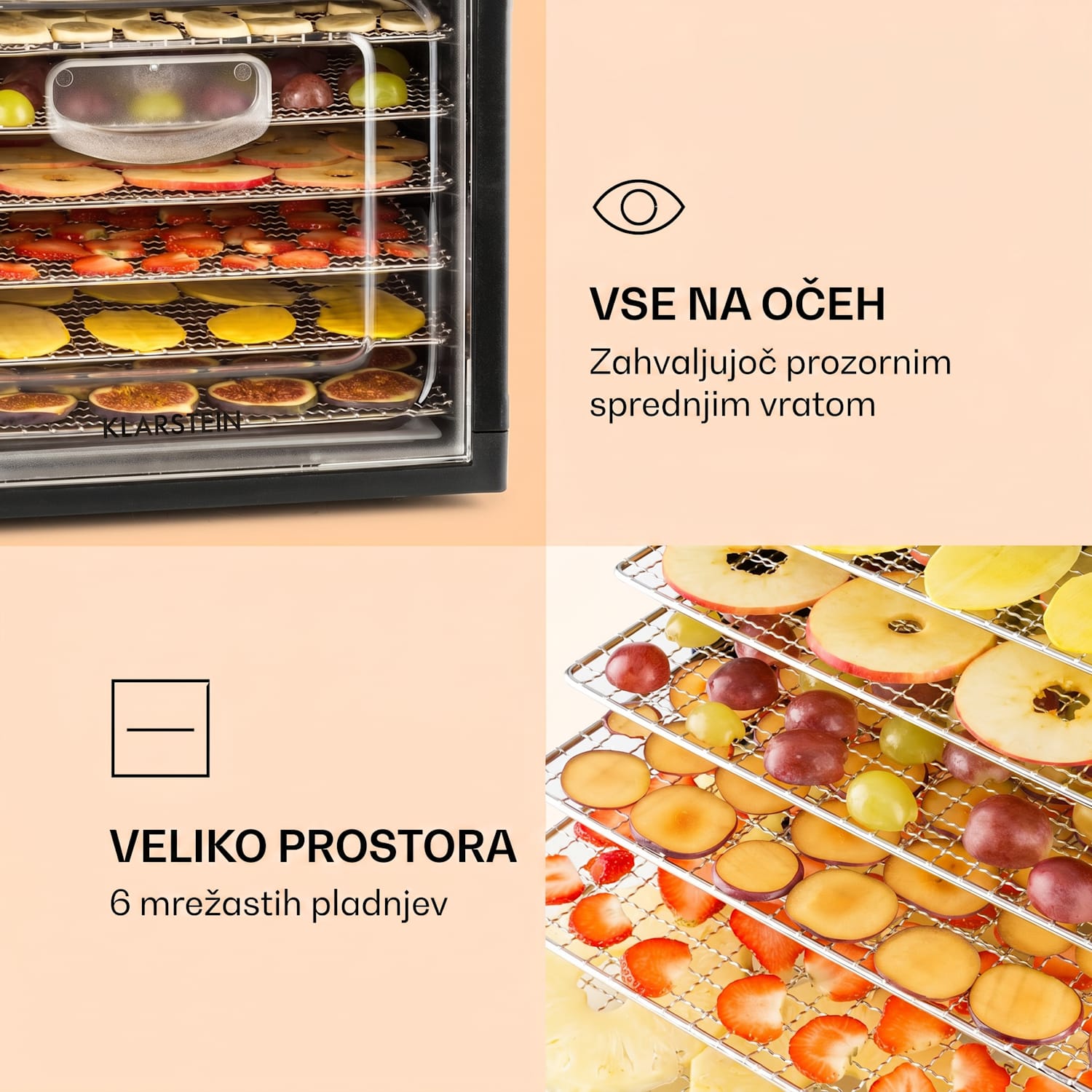 Fruit Jerky Plus 6 sušilnik za sadje, merilec časa, 6 polic, pekač, 420-500W, črna barva 6 členkov
