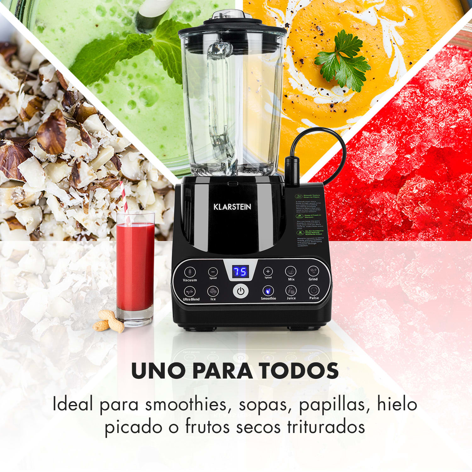 Airakles Batidora al vacío 1300 W 26.000 RPM Vaso de cristal 1,5 l negro Negro