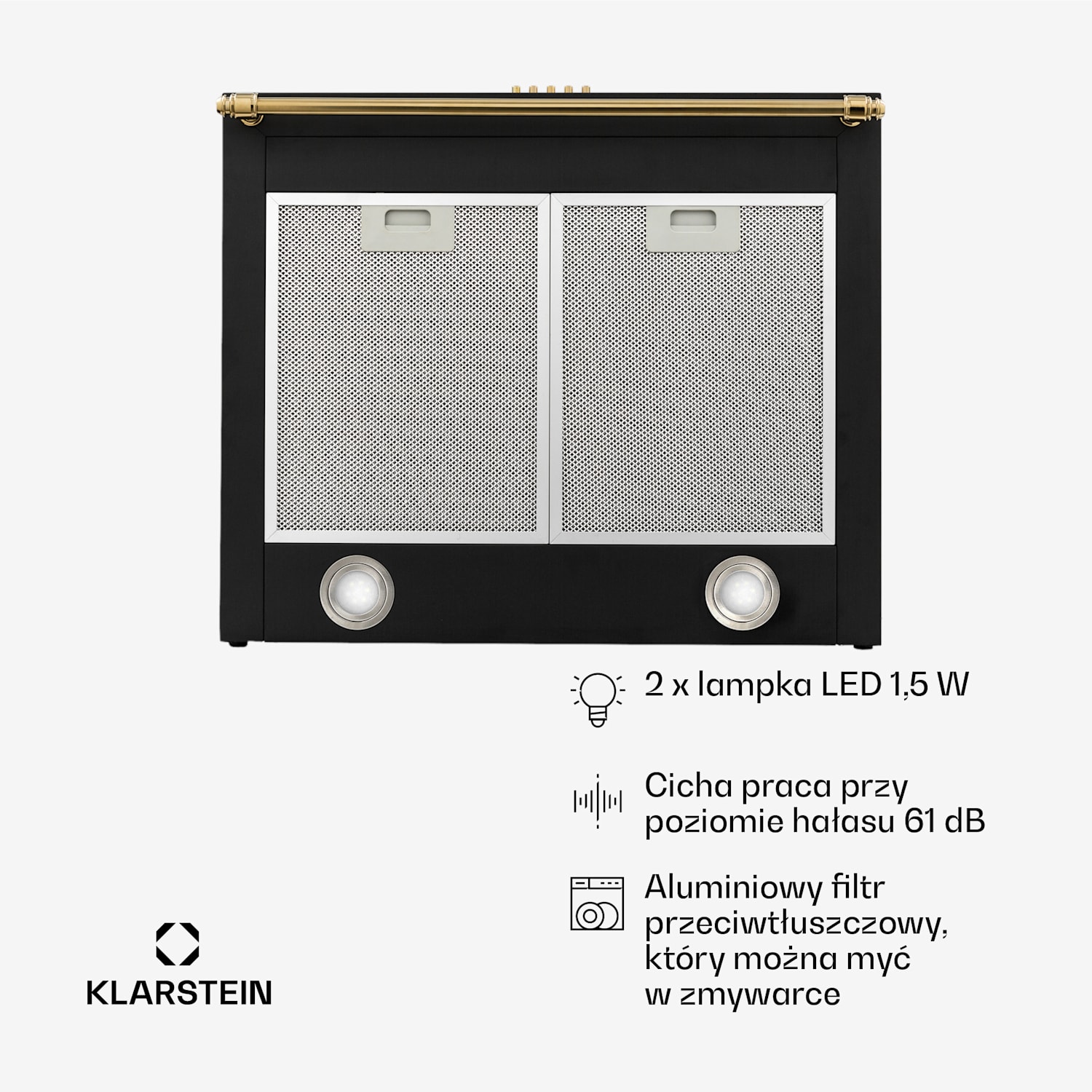 Montblanc 60, okap kuchenny przyścienny, 60 cm, 610 m³/h, 165 W, 2 x 1,5 W, LED, reling Czarny