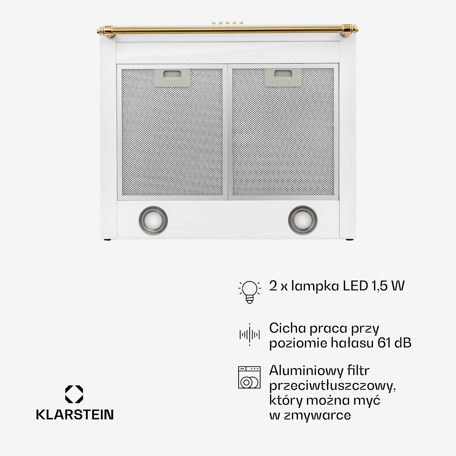 Montblanc 60, okap kuchenny przyścienny, 60 cm, 610 m³/h, 165 W, 2 x 1,5 W, LED, reling Biały