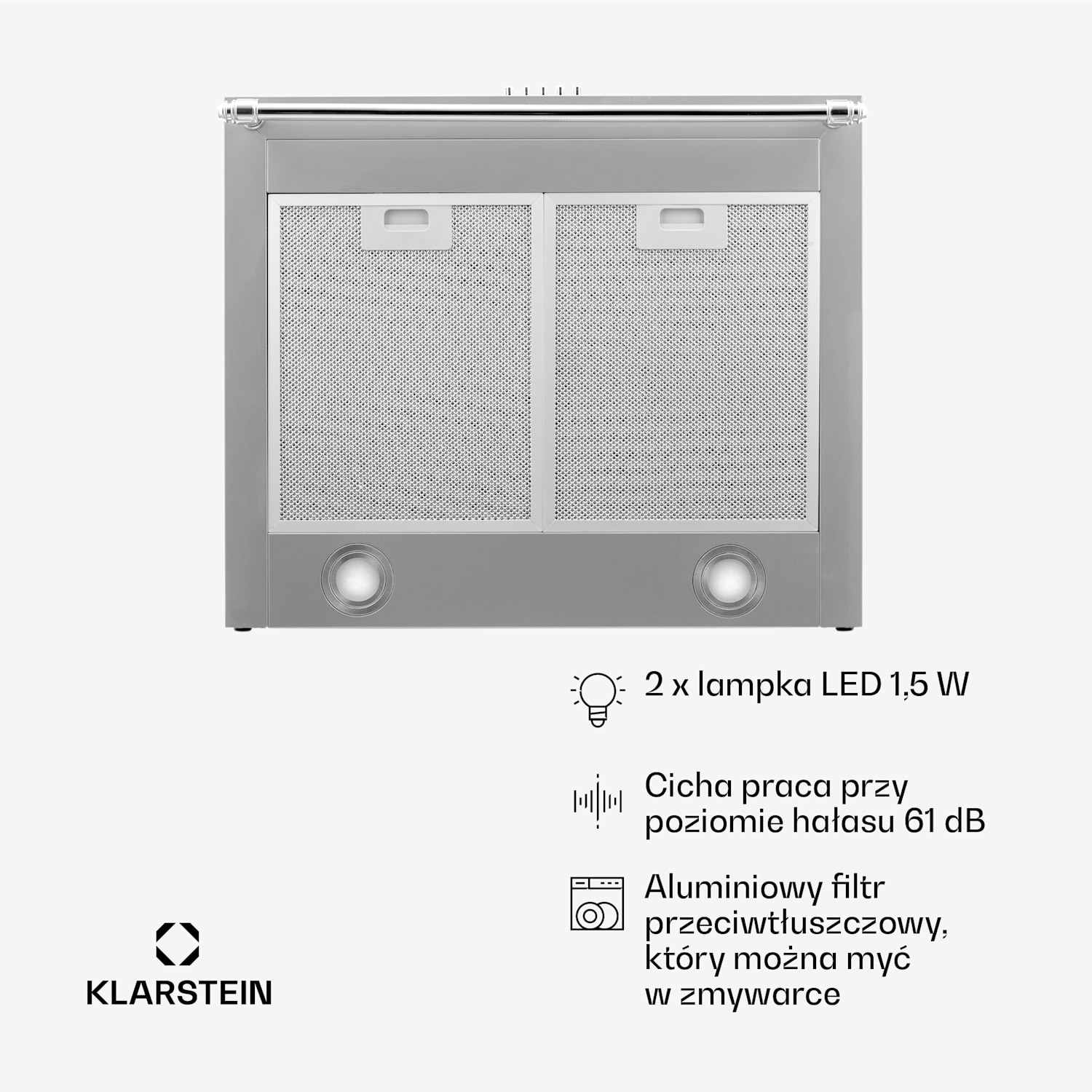 Montblanc 60, okap kuchenny przyścienny, 60 cm, 610 m³/h, 165 W, 2 x 1,5 W, LED, reling Stal nierdzewna