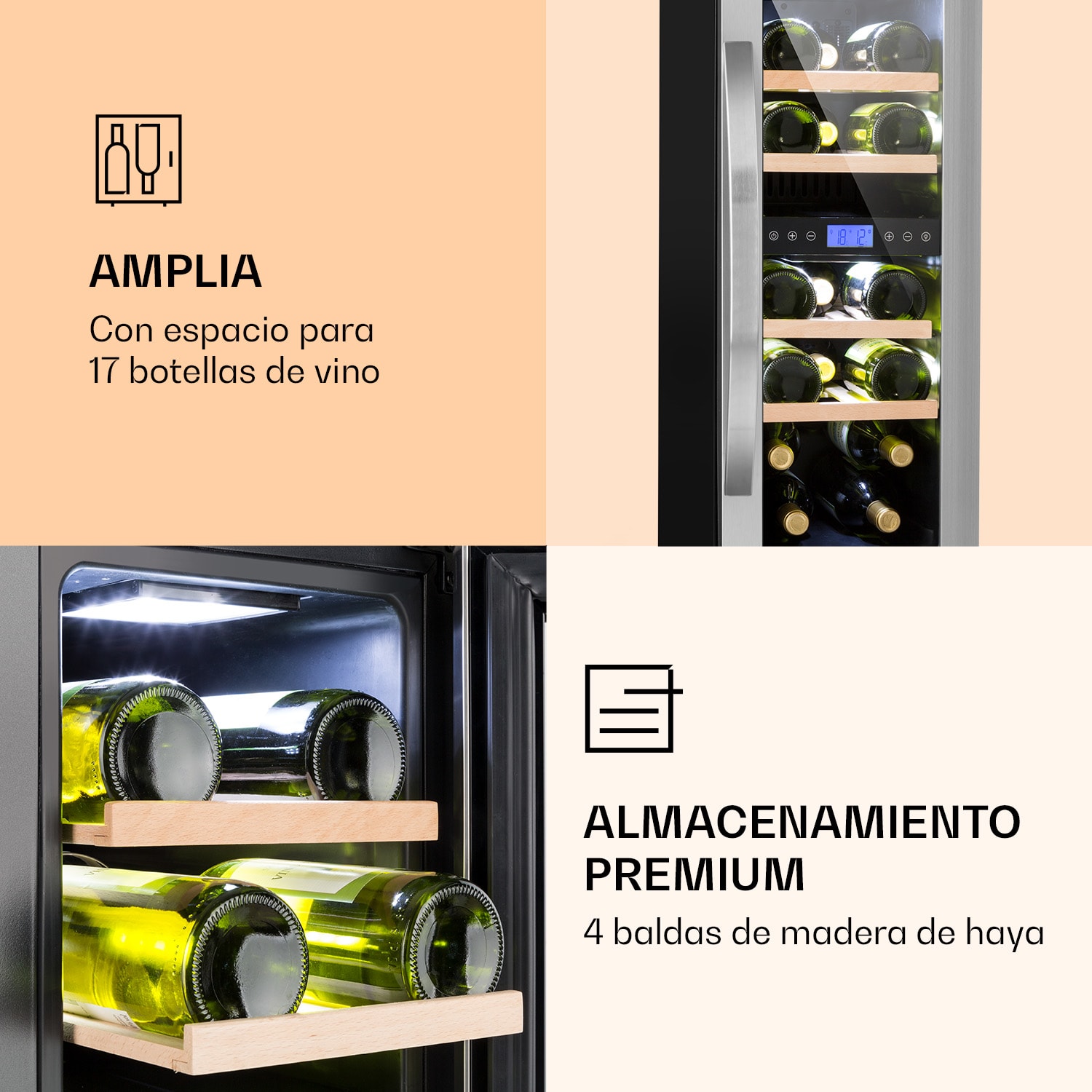 Vinovilla 17 Built-In Duo Nevera doble para vinos, 53 litros, 17 botellas, puerta de cristal y 3 colores 17 botellas | 2 zonas de refrigeración | Acero Inoxidable