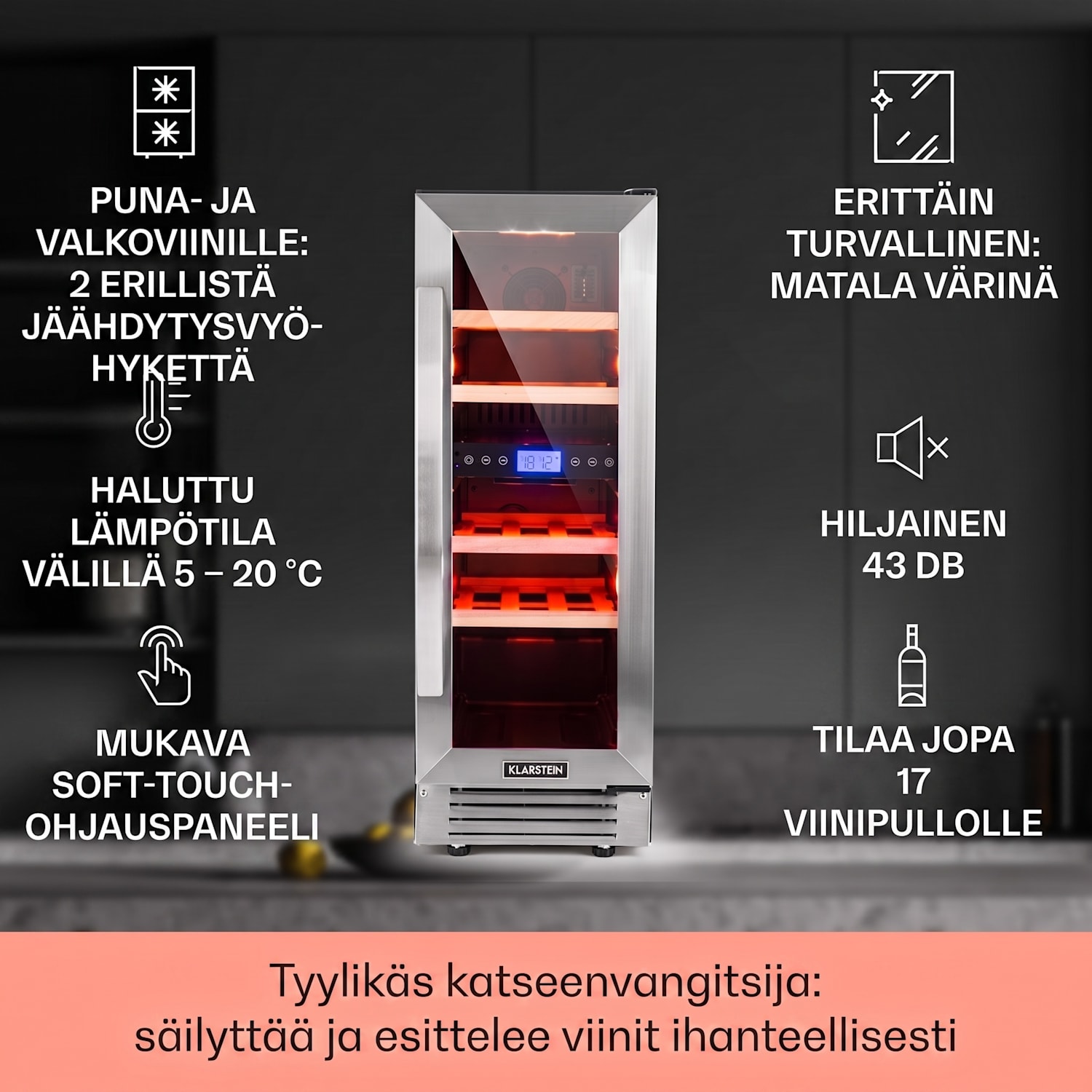 Vinovilla 17 Built-In Duo kaksialueinen viinijääkaappi 53l 17 pullolle 3-väriä lasiovi 17 pulloa | 2 jäähdytysalue | Ruostumaton Teräs