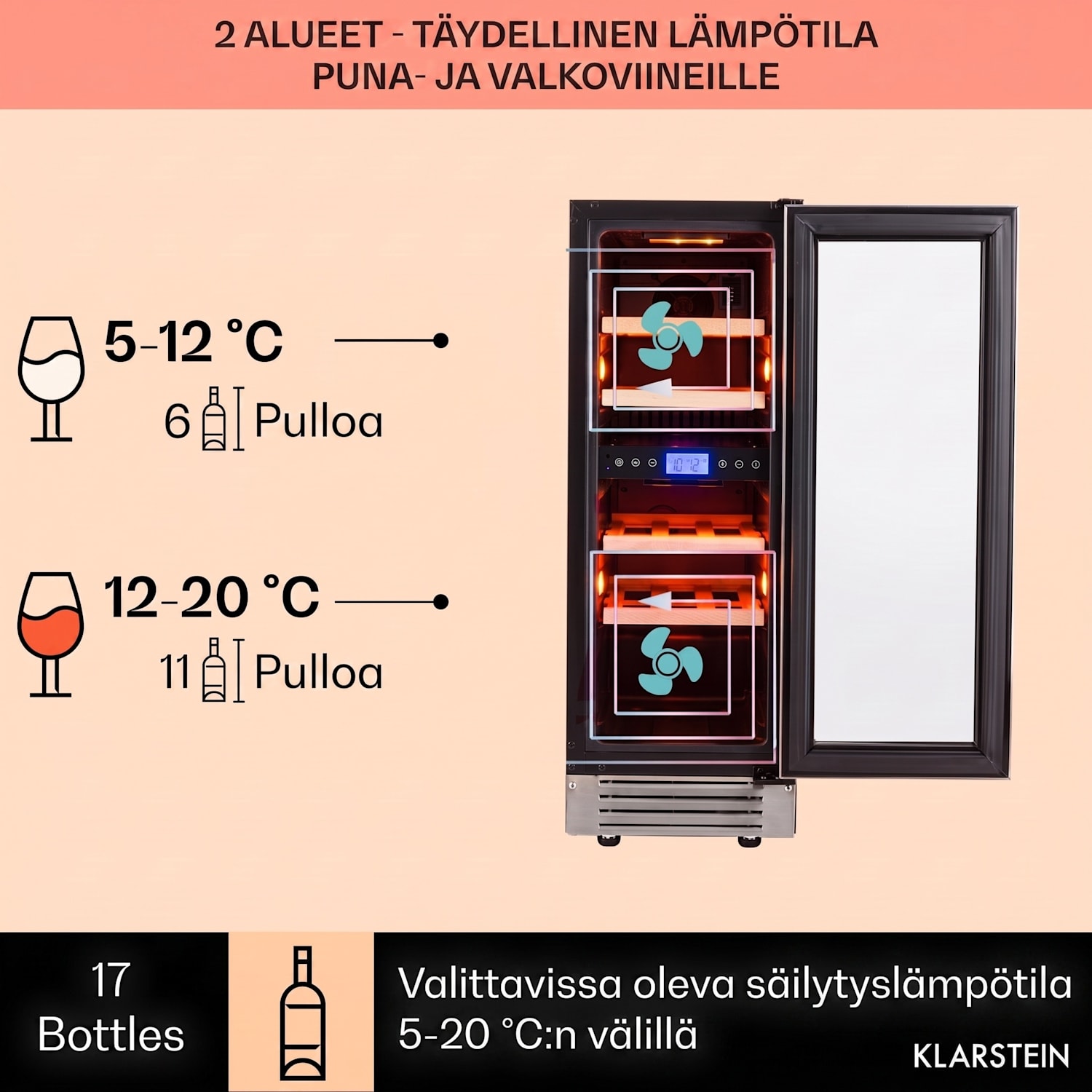 Vinovilla 17 Built-In Duo kaksialueinen viinijääkaappi 53l 17 pullolle 3-väriä lasiovi 17 pulloa | 2 jäähdytysalue | Ruostumaton Teräs