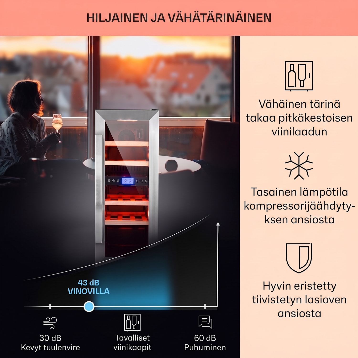Vinovilla 17 Built-In Duo kaksialueinen viinijääkaappi 53l 17 pullolle 3-väriä lasiovi 17 pulloa | 2 jäähdytysalue | Ruostumaton Teräs