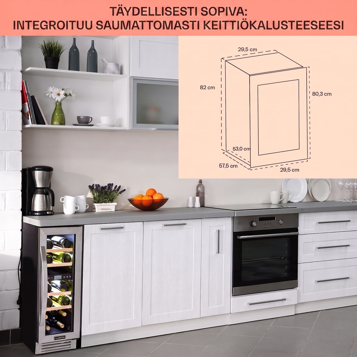 Vinovilla 17 Built-In Duo kaksialueinen viinijääkaappi 53l 17 pullolle 3-väriä lasiovi 17 pulloa | 2 jäähdytysalue | Ruostumaton Teräs