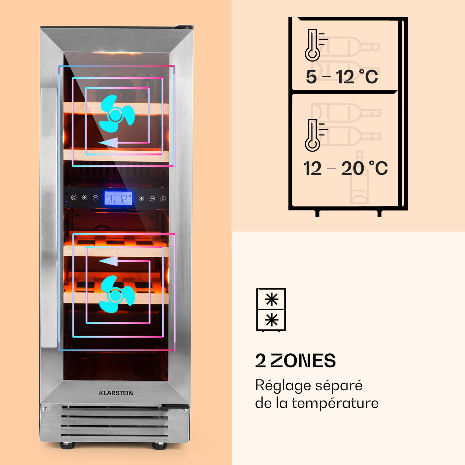Vinovilla 17 Built-In Duo twee zones wijnkoelkast 53l 17 fl. 3-kleuren glazen deur 17 flessen | 2 koelzones | Roestvrij Staal