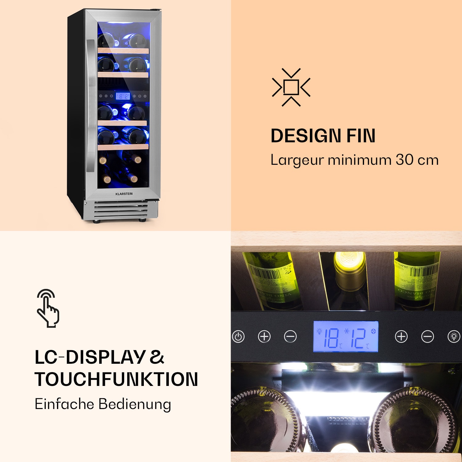 Vinovilla 17 Built-In Duo twee zones wijnkoelkast 53l 17 fl. 3-kleuren glazen deur 17 flessen | 2 koelzones | Roestvrij Staal