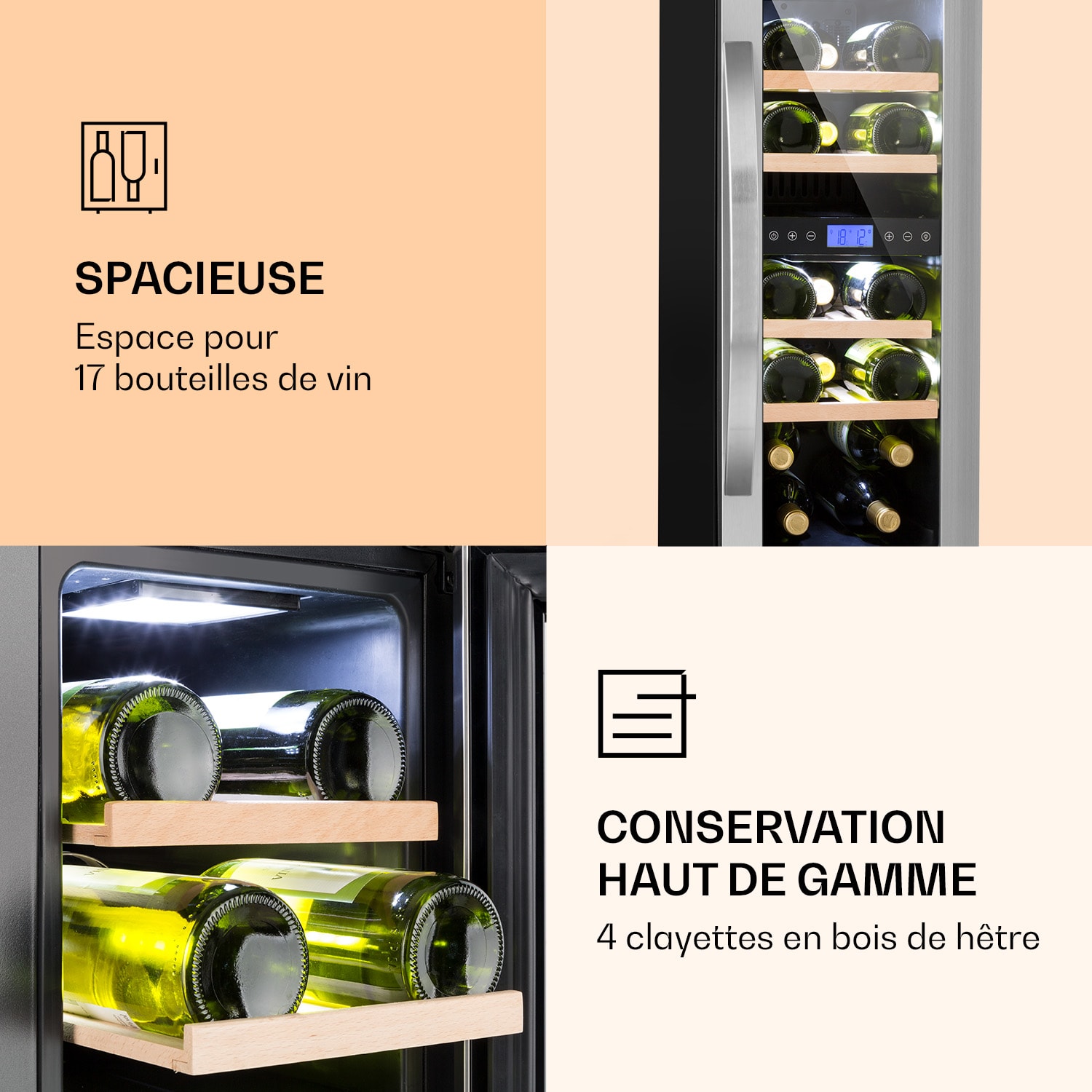 Vinovilla 17 Built-In Duo twee zones wijnkoelkast 53l 17 fl. 3-kleuren glazen deur 17 flessen | 2 koelzones | Roestvrij Staal