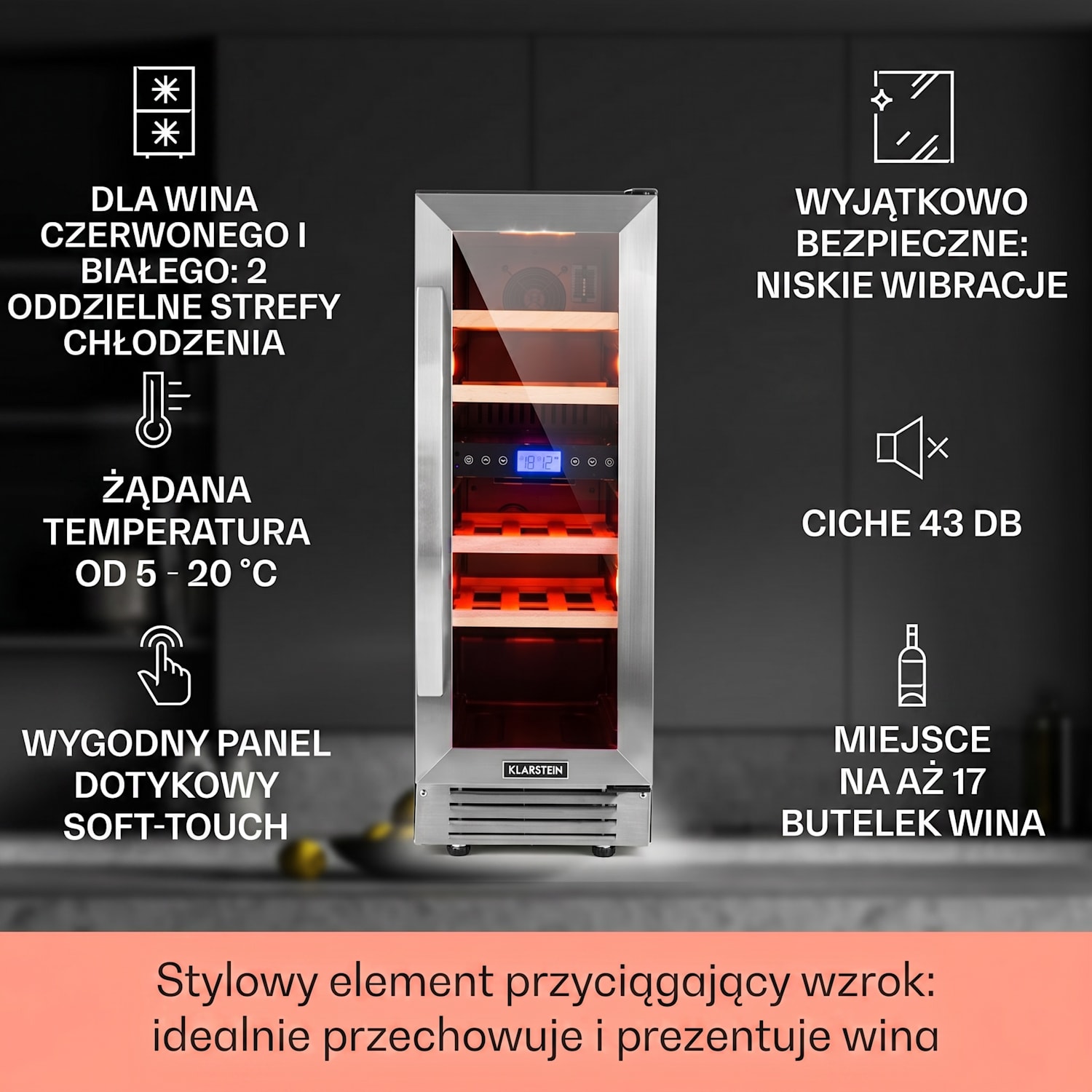 Vinovilla Duo 17, chłodziarka do wina, dwustrefowa, 53 l, 17 butelek, 3-kolorowe oświetlenie LED, szklane drzwi 17 butelek | 2 strefy chłodzenia | Stal nierdzewna