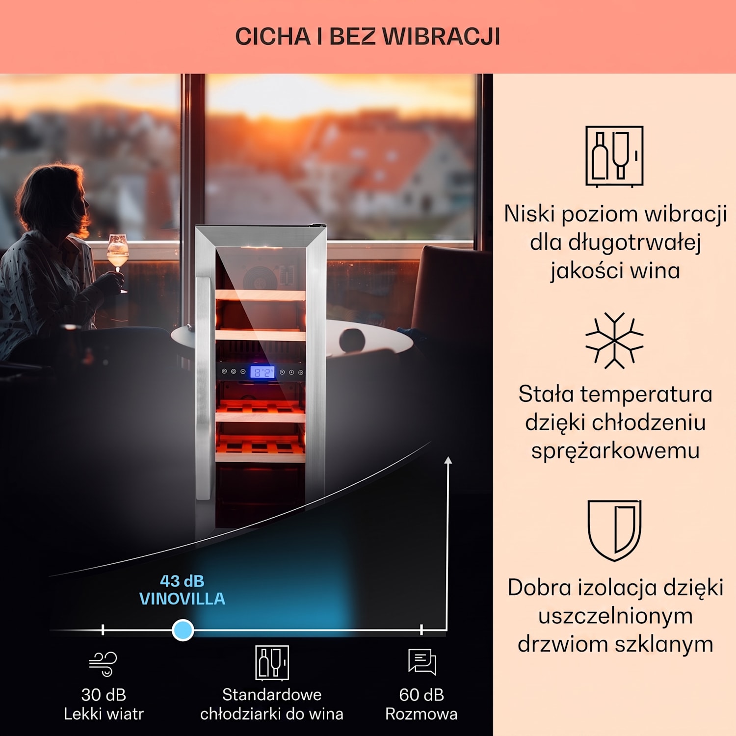 Vinovilla Duo 17, chłodziarka do wina, dwustrefowa, 53 l, 17 butelek, 3-kolorowe oświetlenie LED, szklane drzwi 17 butelek | 2 strefy chłodzenia | Stal nierdzewna