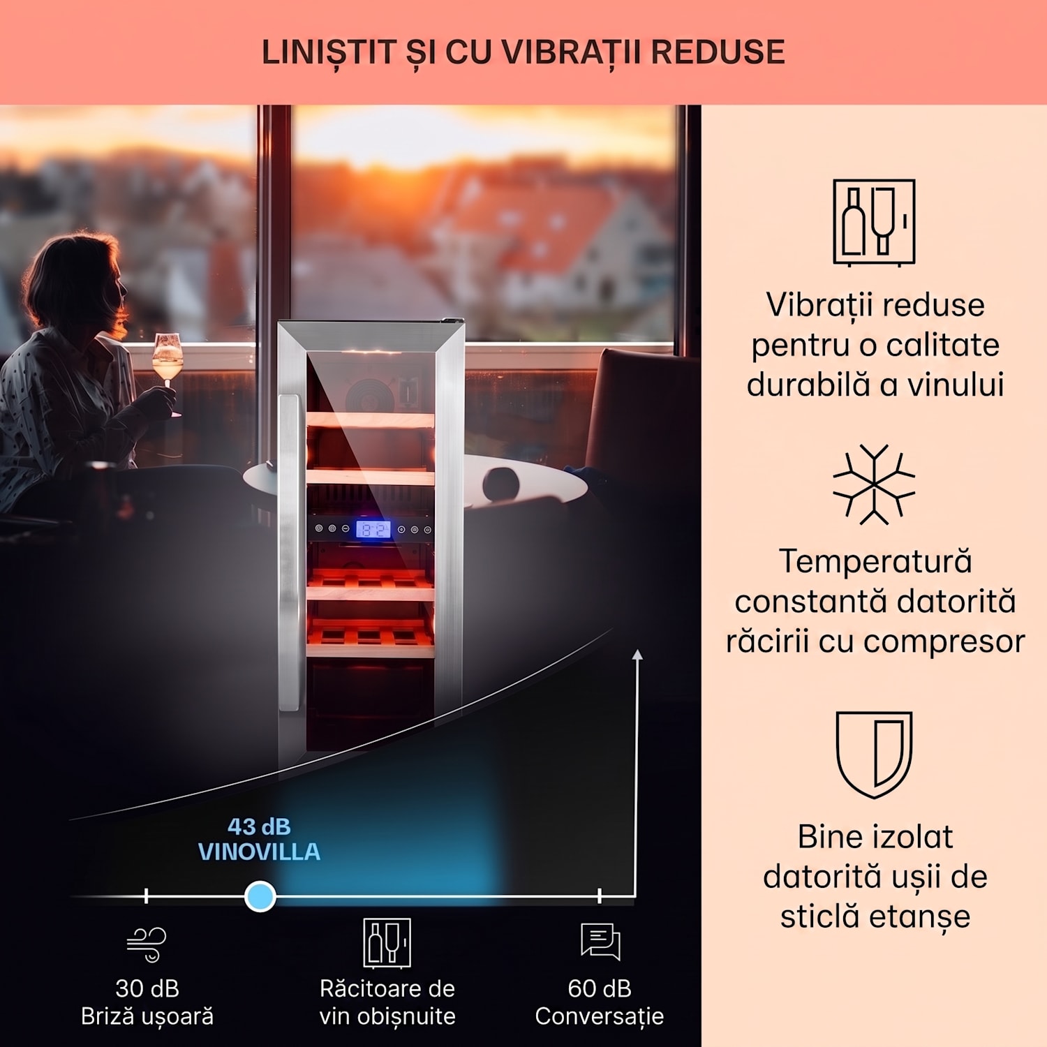 Vinovilla Duo 17, răcitor de vinuri cu două zone, frigider, 53l, 17 de sticle, iluminare LED cu 3 culori, ușă de sticlă 17 sticle | 2 | Oțel inoxidabil