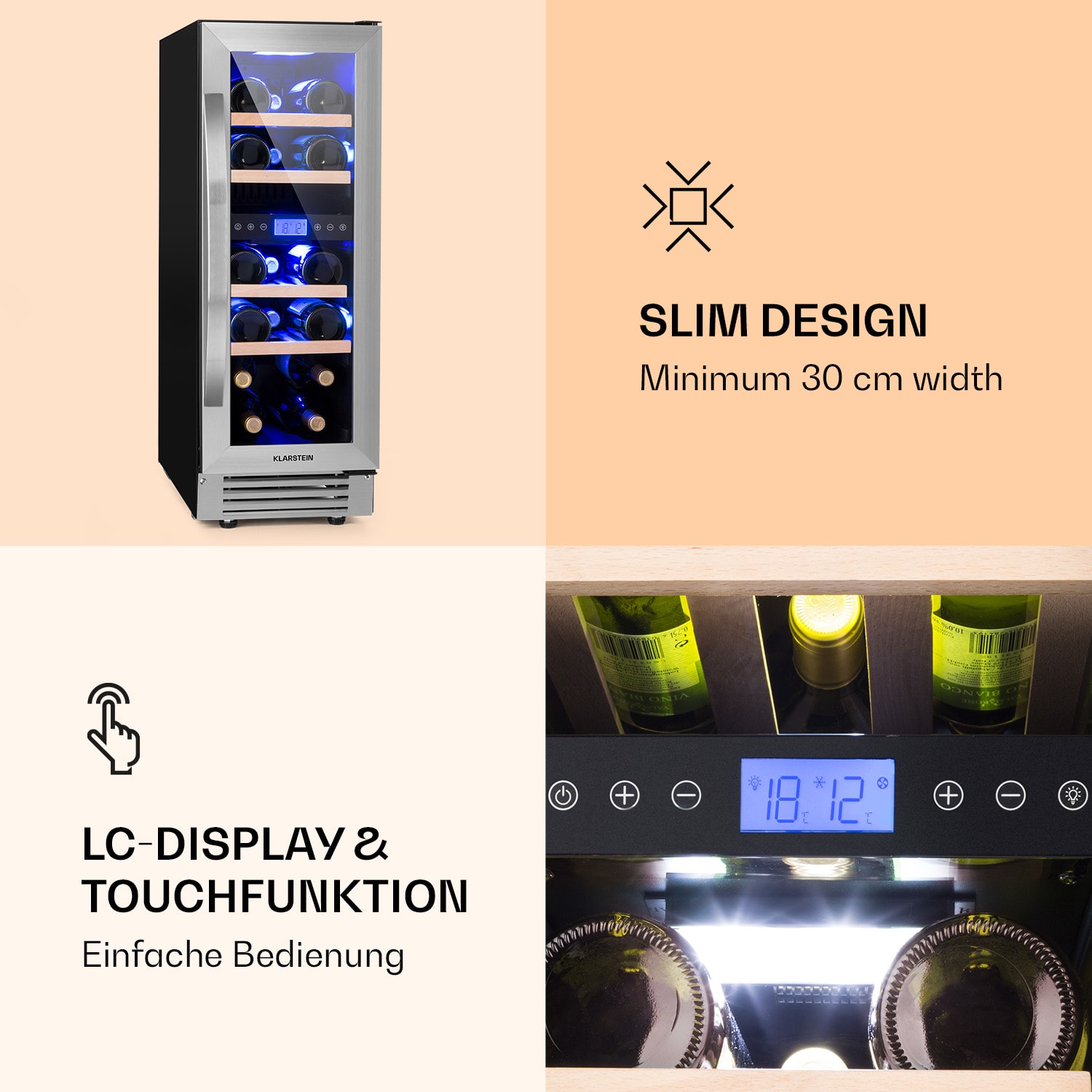 Vinovilla 17 Built-In Duo kaksialueinen viinijääkaappi 53l 17 pullolle 3-väriä lasiovi 17 pulloa | 2 jäähdytysalue | Ruostumaton Teräs