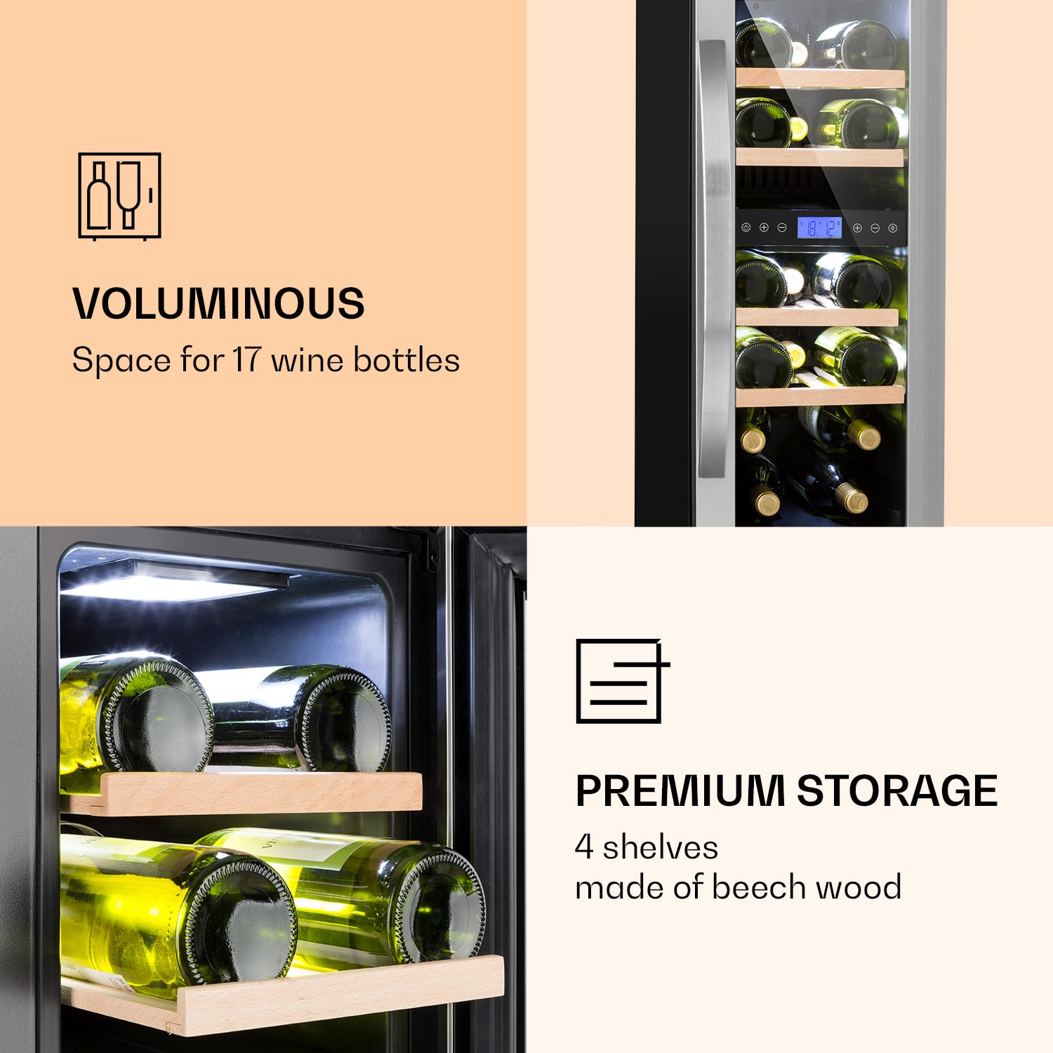 Vinovilla 17 Built-In Duo kaksialueinen viinijääkaappi 53l 17 pullolle 3-väriä lasiovi 17 pulloa | 2 jäähdytysalue | Ruostumaton Teräs