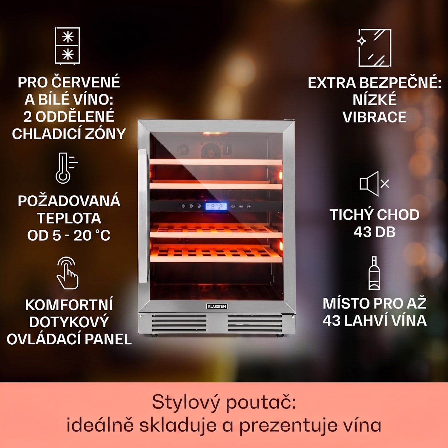 Vinovilla Duo 43, vinotéka, 129 l/43 lahví, 2 zóny, 3 barvy LED osvětlení, skleněné dveře 43 lahví | 2 chladicí zóny | Nerezová ocel