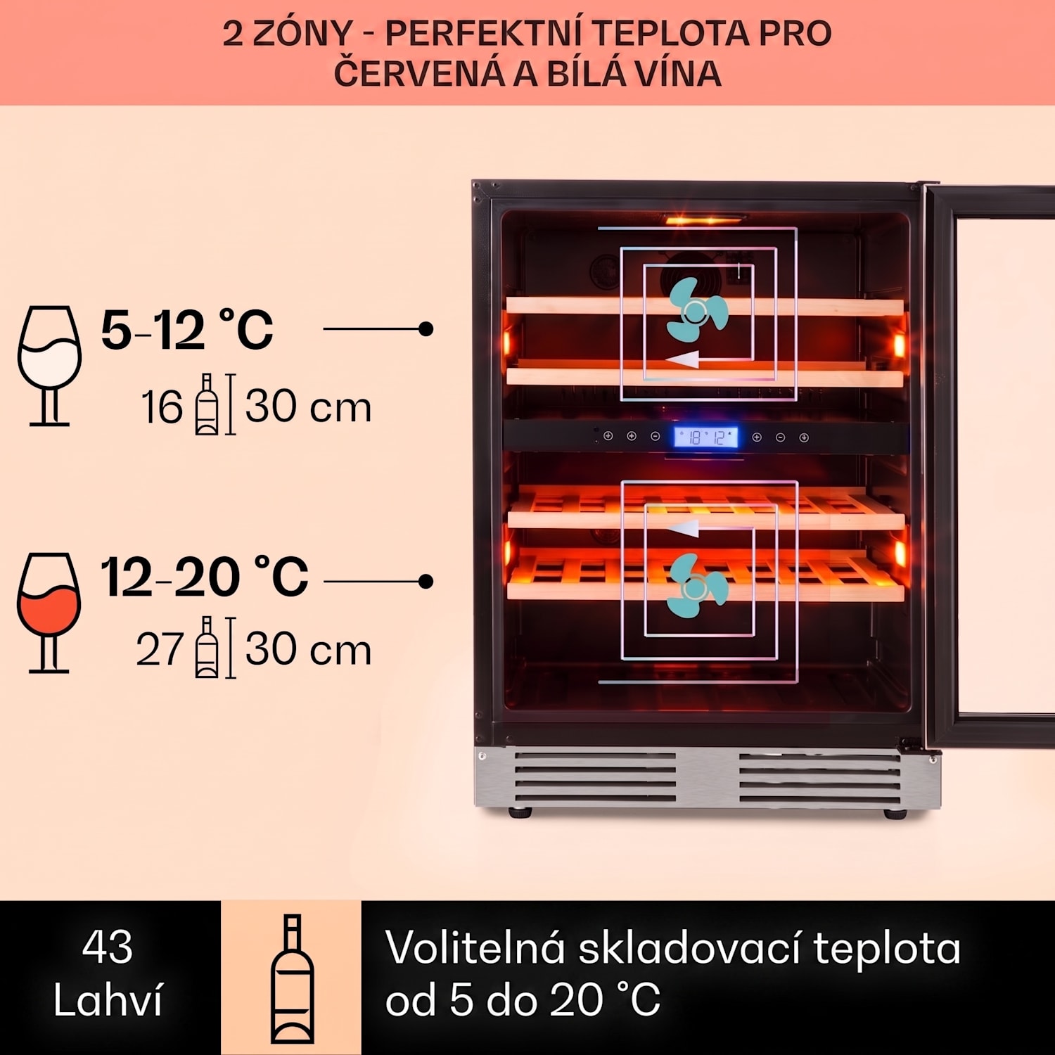 Vinovilla Duo 43, vinotéka, 129 l/43 lahví, 2 zóny, 3 barvy LED osvětlení, skleněné dveře 43 lahví | 2 chladicí zóny | Nerezová ocel