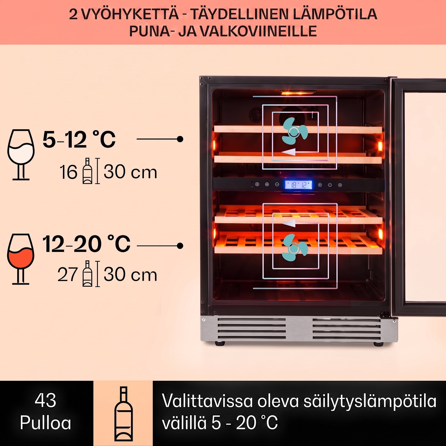 Vinovilla 43 Built-In Duo kaksialueinen viinijääkaappi 129l 43 pullolle 3-värinen lasiovi 43 pulloa | 2 jäähdytysalue | Ruostumaton Teräs