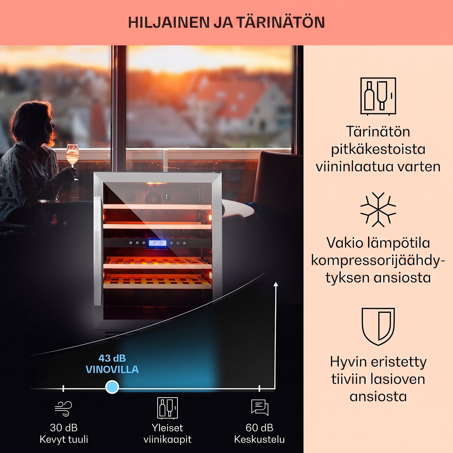 Vinovilla 43 Built-In Duo kaksialueinen viinijääkaappi 129l 43 pullolle 3-värinen lasiovi 43 pulloa | 2 jäähdytysalue | Ruostumaton Teräs