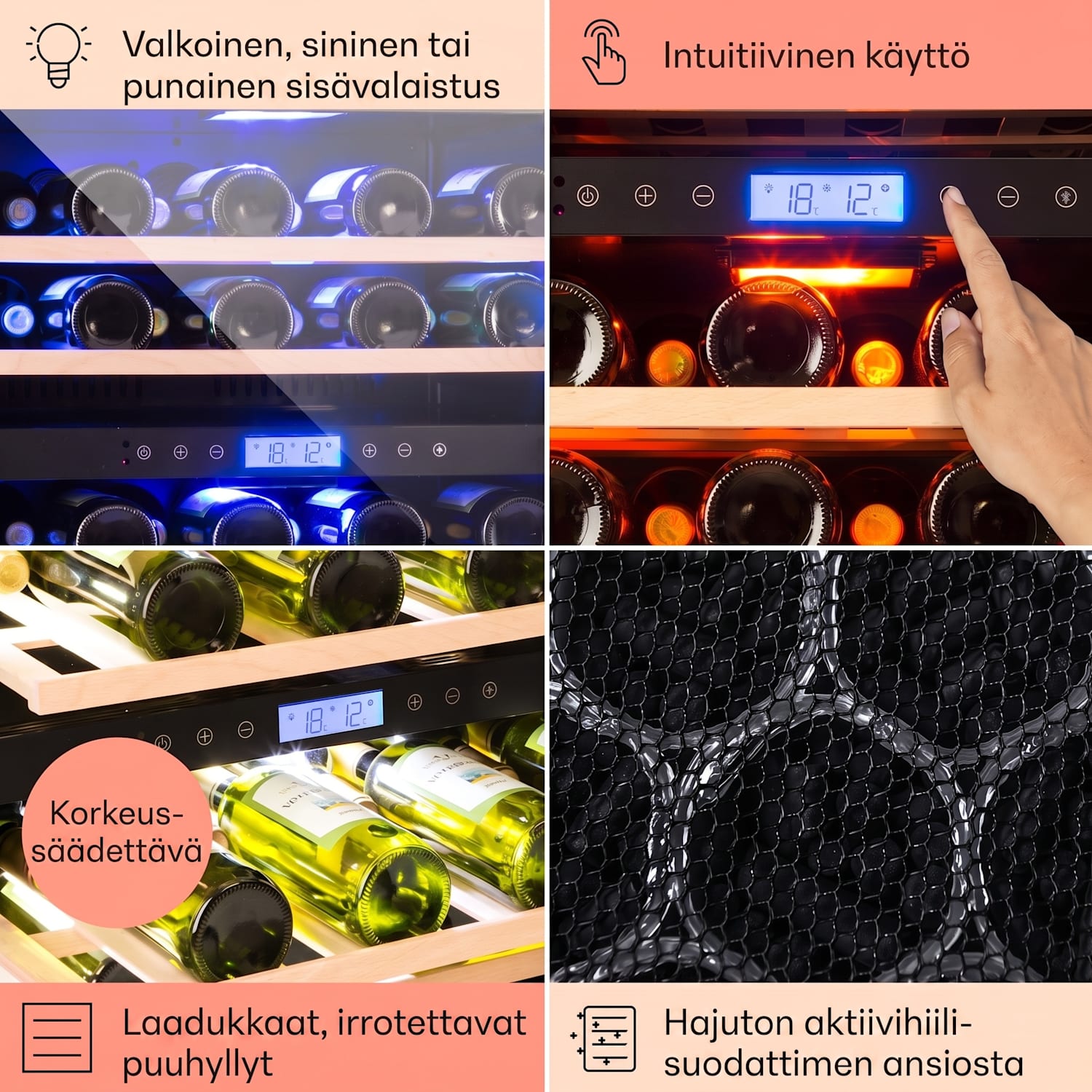 Vinovilla 43 Built-In Duo kaksialueinen viinijääkaappi 129l 43 pullolle 3-värinen lasiovi 43 pulloa | 2 jäähdytysalue | Ruostumaton Teräs