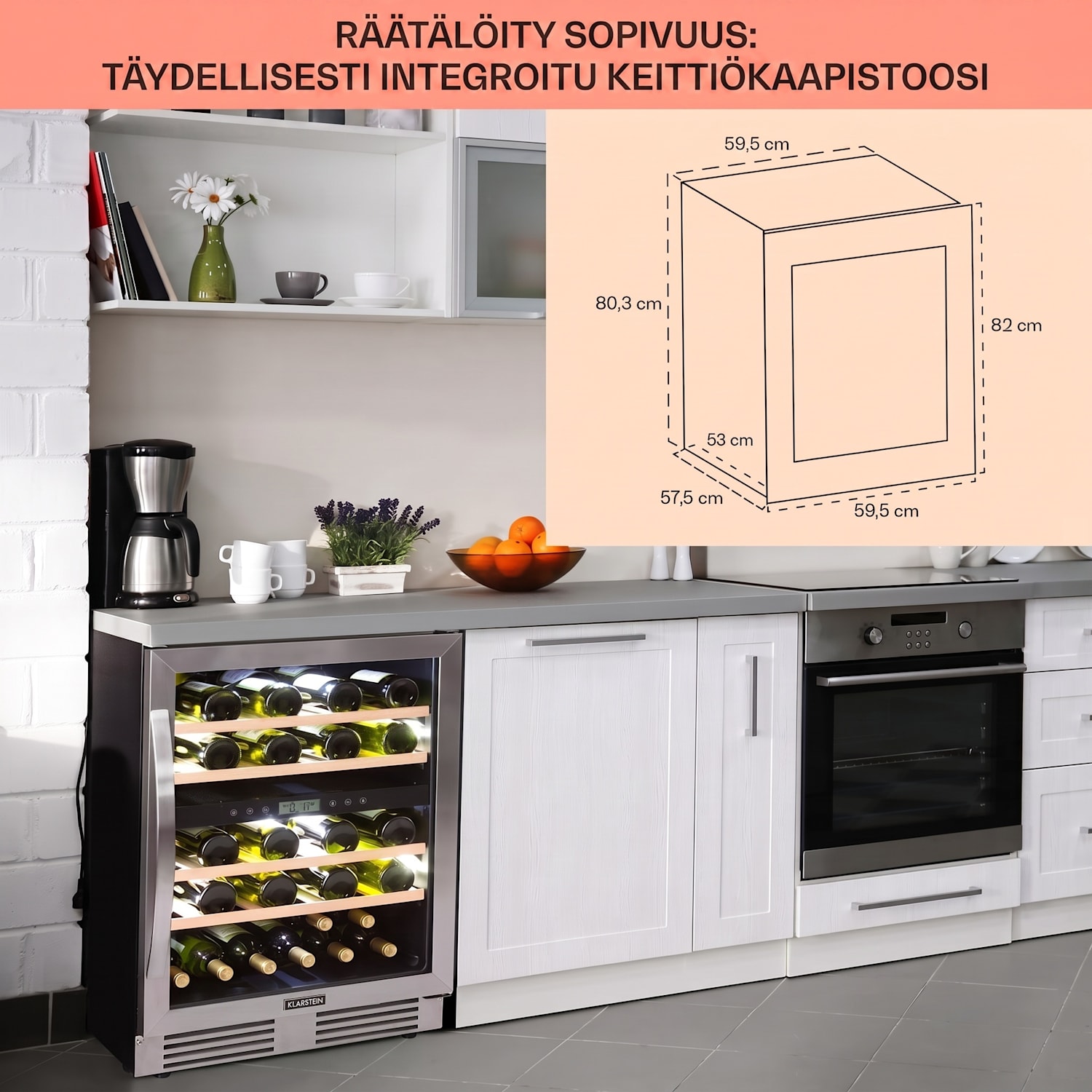 Vinovilla 43 Built-In Duo kaksialueinen viinijääkaappi 129l 43 pullolle 3-värinen lasiovi 43 pulloa | 2 jäähdytysalue | Ruostumaton Teräs