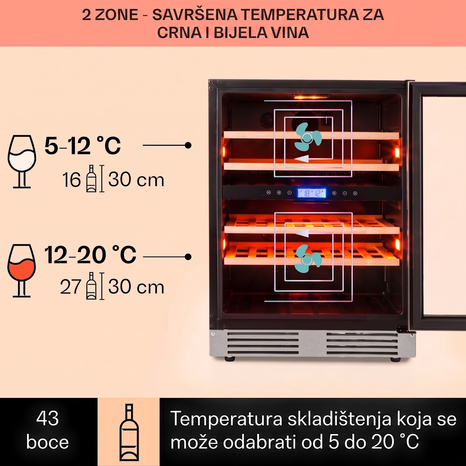 Vinovilla Duo 42 2-zonski hladnjak za vino, 129l, 43 boce, 3 boje, staklena vrata 43 boce | 2 | Nehrđajući čelik