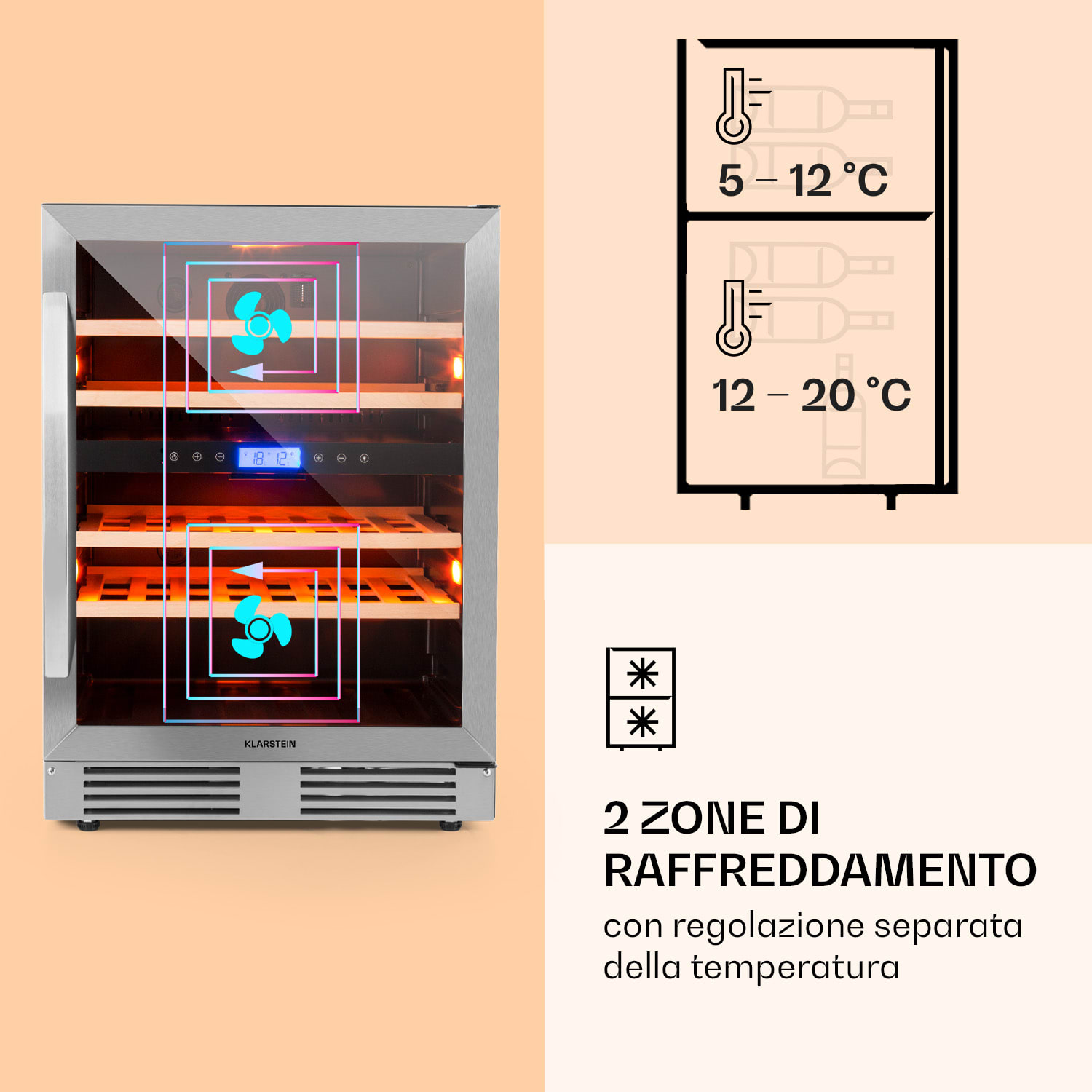 Vinovilla 43 Built-In Duo Cantinetta vino a due zone 129l 43 bott. 3 colori anta in vetro 43 bottiglie | 2 zone di raffreddamento | Acciaio inox