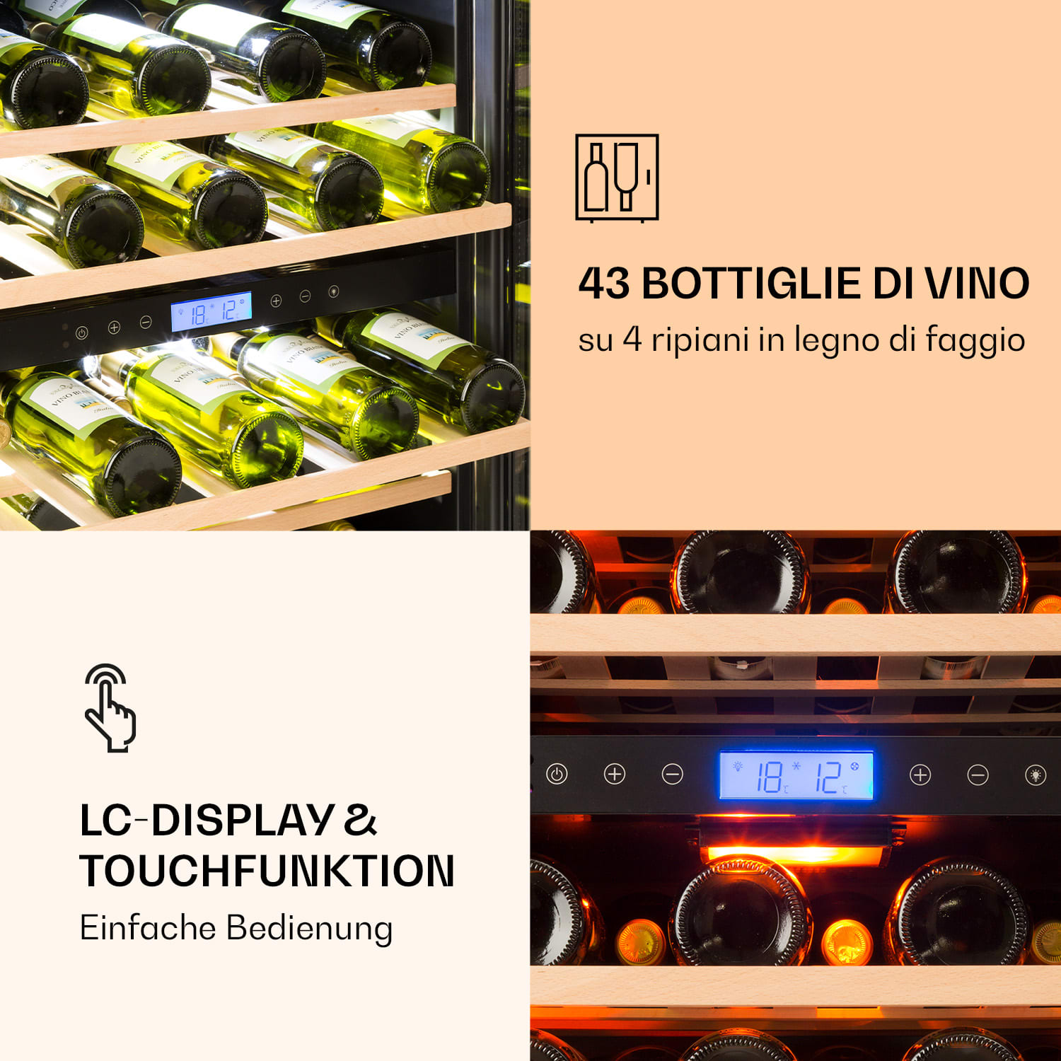 Vinovilla 43 Built-In Duo Cantinetta vino a due zone 129l 43 bott. 3 colori anta in vetro 43 bottiglie | 2 zone di raffreddamento | Acciaio inox