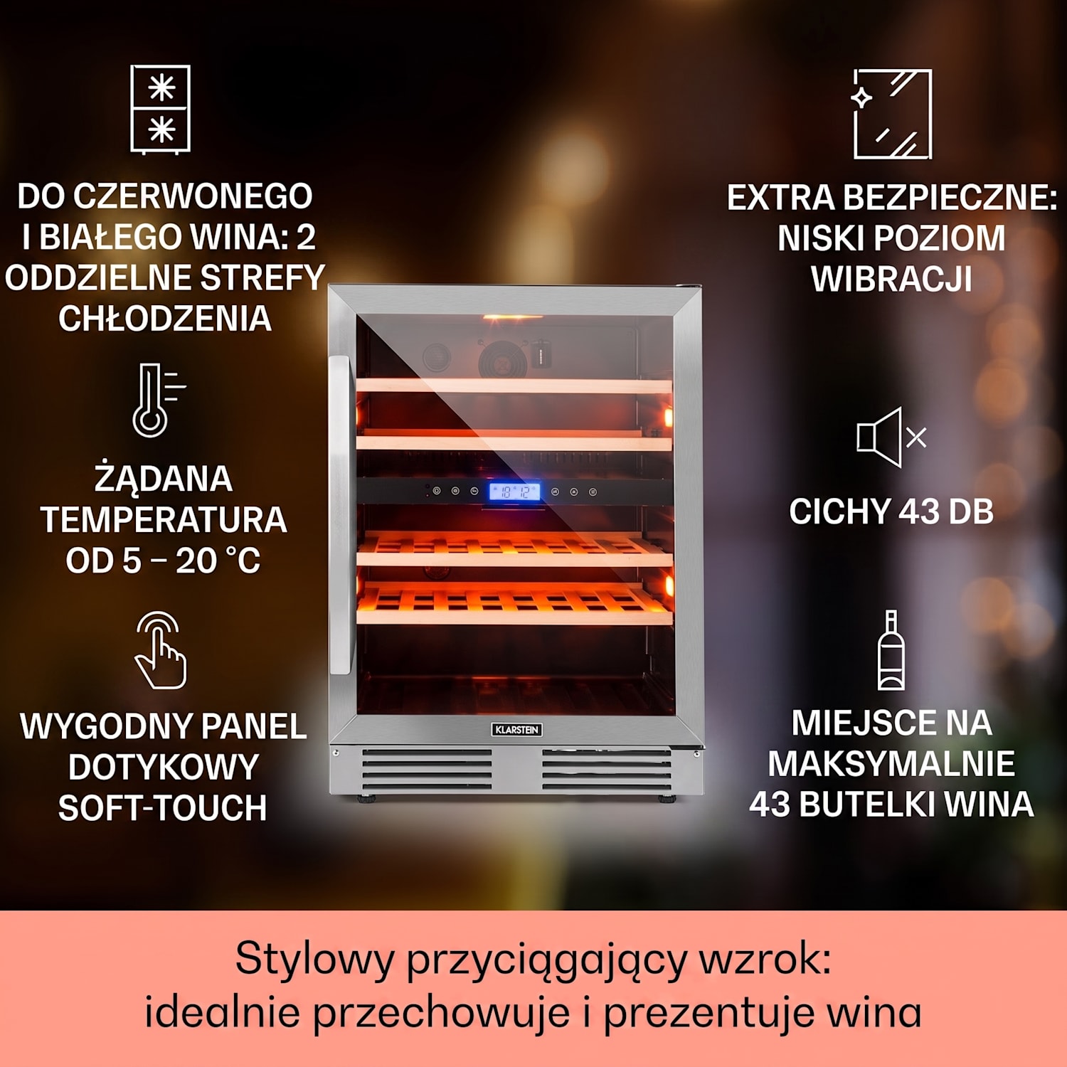 Vinovilla Duo 43, chłodziarka do wina, 2 strefy, 129 l, 43 butelki, 3 kolory, szklane drzwi 43 butelki | 2 strefy chłodzenia | Stal nierdzewna