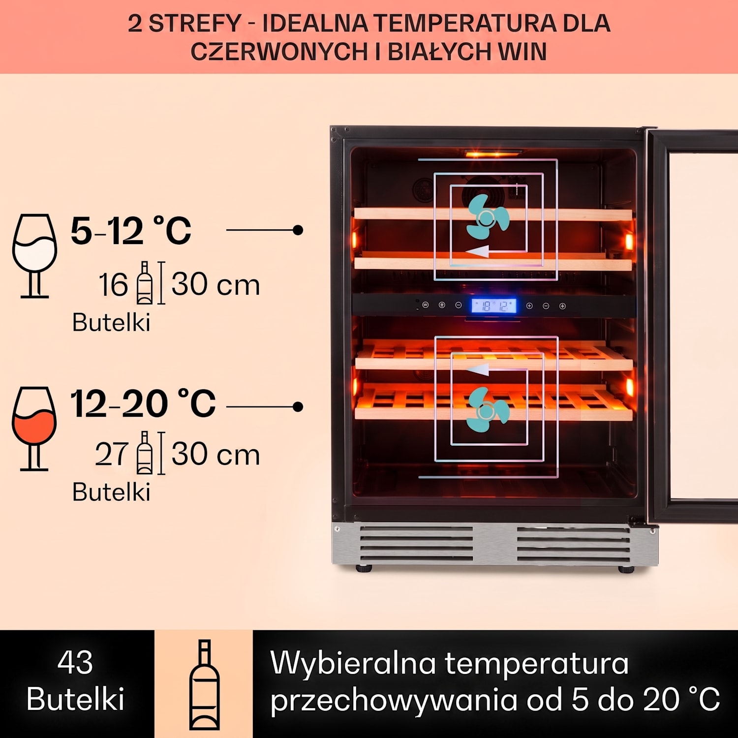 Vinovilla Duo 43, chłodziarka do wina, 2 strefy, 129 l, 43 butelki, 3 kolory, szklane drzwi 43 butelki | 2 strefy chłodzenia | Stal nierdzewna