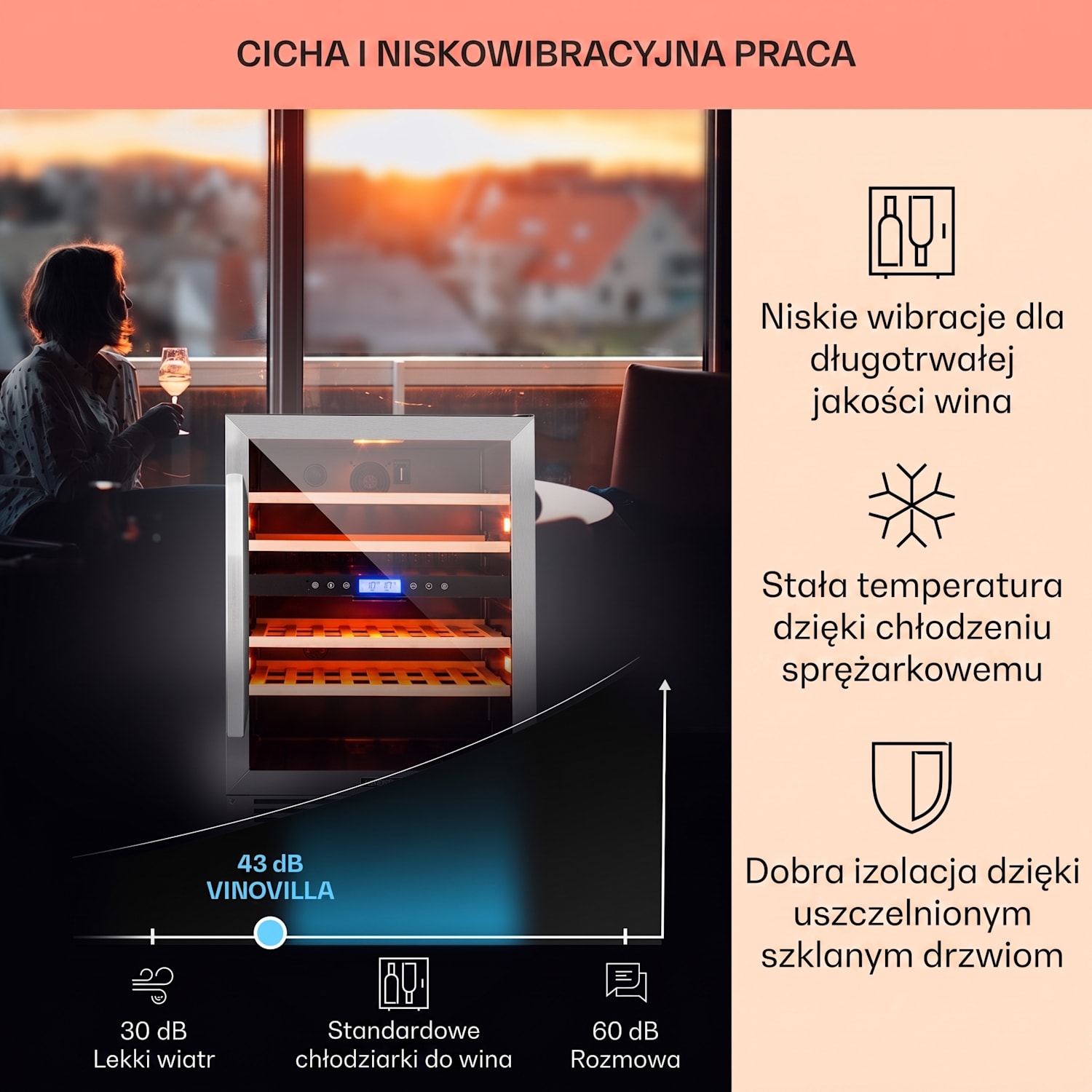 Vinovilla Duo 43, chłodziarka do wina, 2 strefy, 129 l, 43 butelki, 3 kolory, szklane drzwi 43 butelki | 2 strefy chłodzenia | Stal nierdzewna