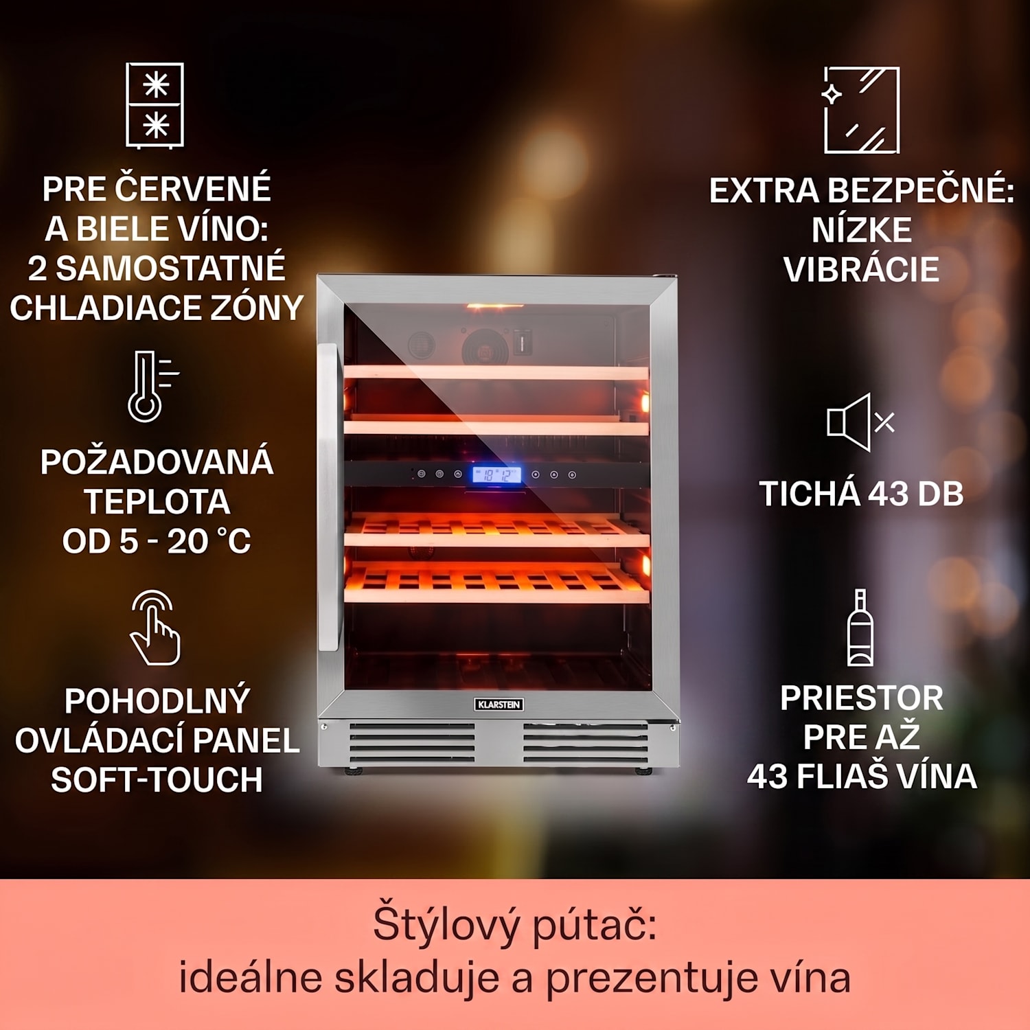 Vinovilla Duo43, dvojzónová vinotéka, 129 l, 43 fliaš, 3-farebné LED osvetlenie, sklenené dvere 43 fliaš | 2 chladiace zóny | Nehrdzavejúca oceľ