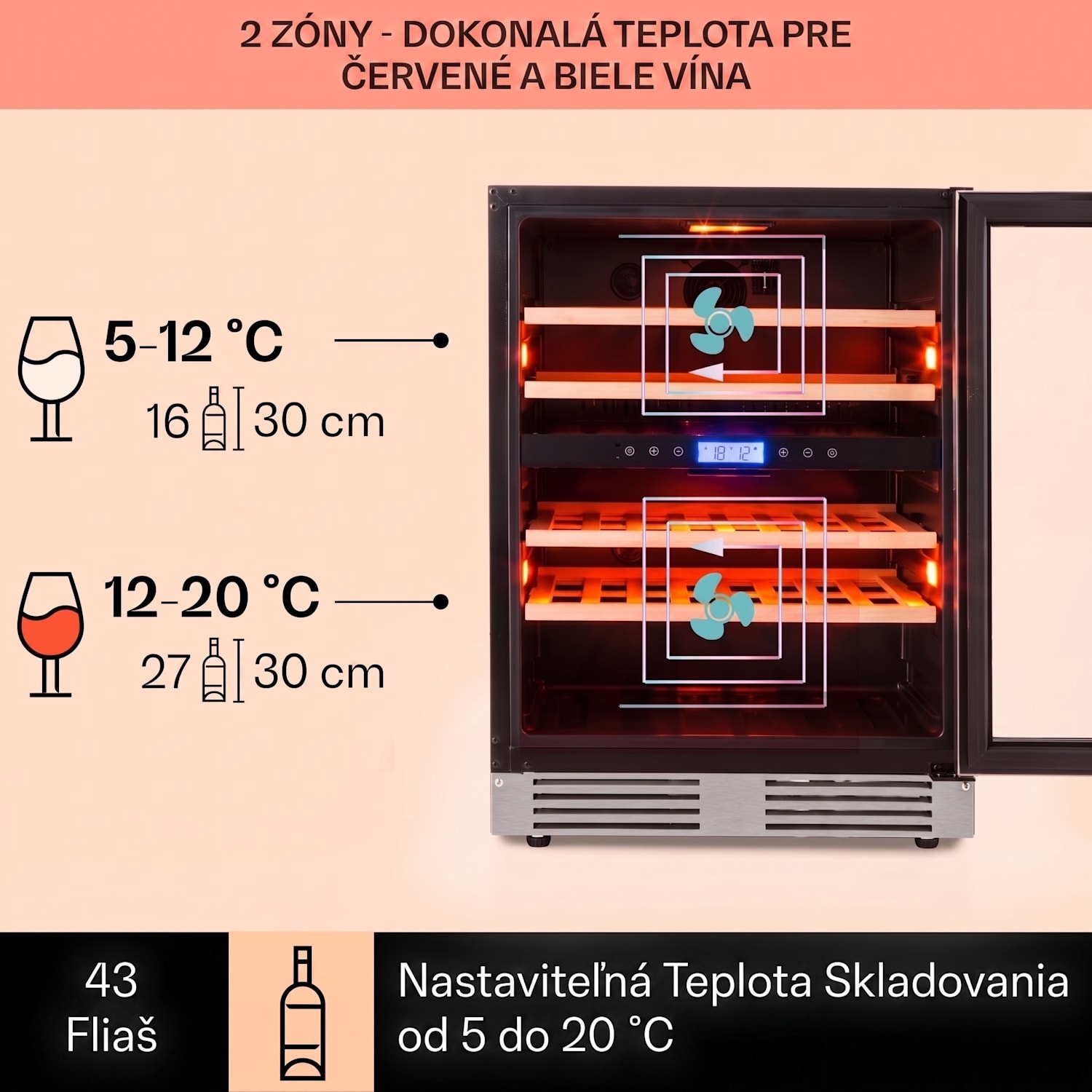 Vinovilla Duo43, dvojzónová vinotéka, 129 l, 43 fliaš, 3-farebné LED osvetlenie, sklenené dvere 43 fliaš | 2 chladiace zóny | Nehrdzavejúca oceľ