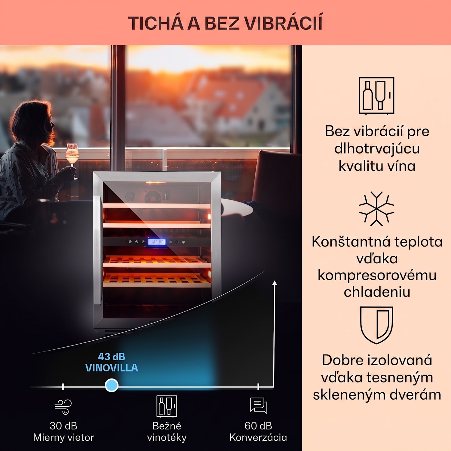 Vinovilla Duo43, dvojzónová vinotéka, 129 l, 43 fliaš, 3-farebné LED osvetlenie, sklenené dvere 43 fliaš | 2 chladiace zóny | Nehrdzavejúca oceľ
