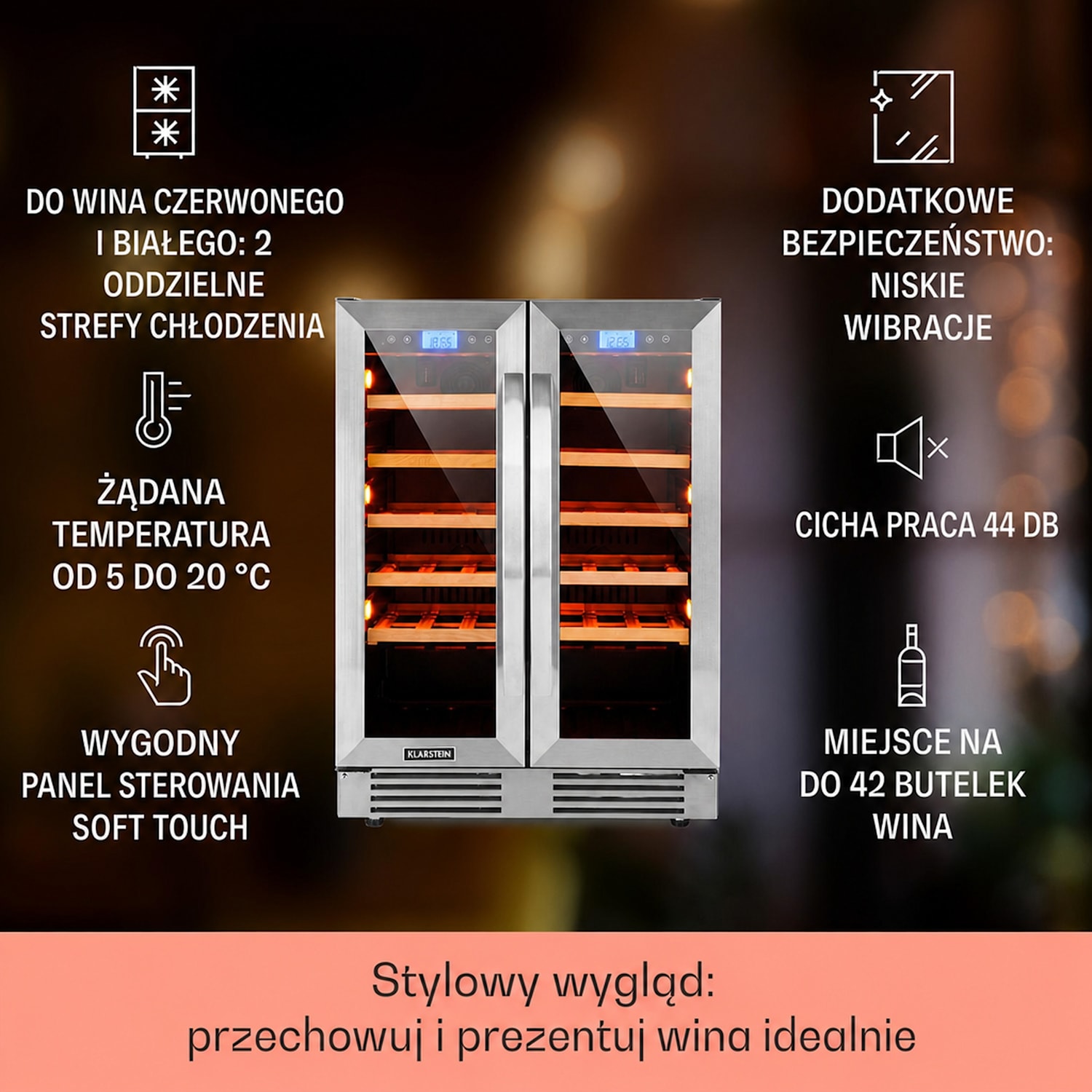 Vinovilla Duo 42, chłodziarka do wina, 2 strefy, 126 l, 42 butelki, 3 kolory, szklane drzwi 42 butelki | 2 strefy chłodzenia | Stal nierdzewna