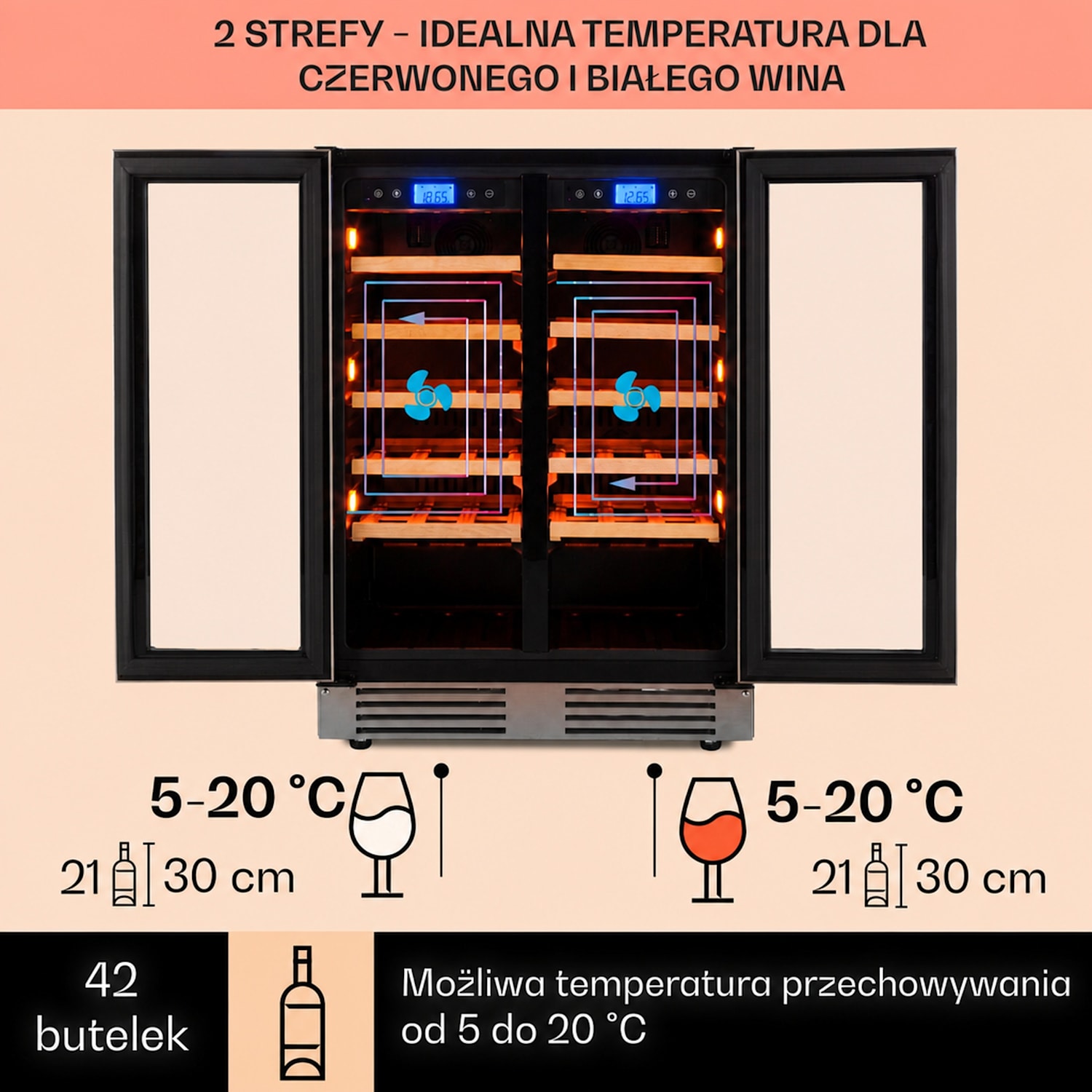 Vinovilla Duo 42, chłodziarka do wina, 2 strefy, 126 l, 42 butelki, 3 kolory, szklane drzwi 42 butelki | 2 strefy chłodzenia | Stal nierdzewna