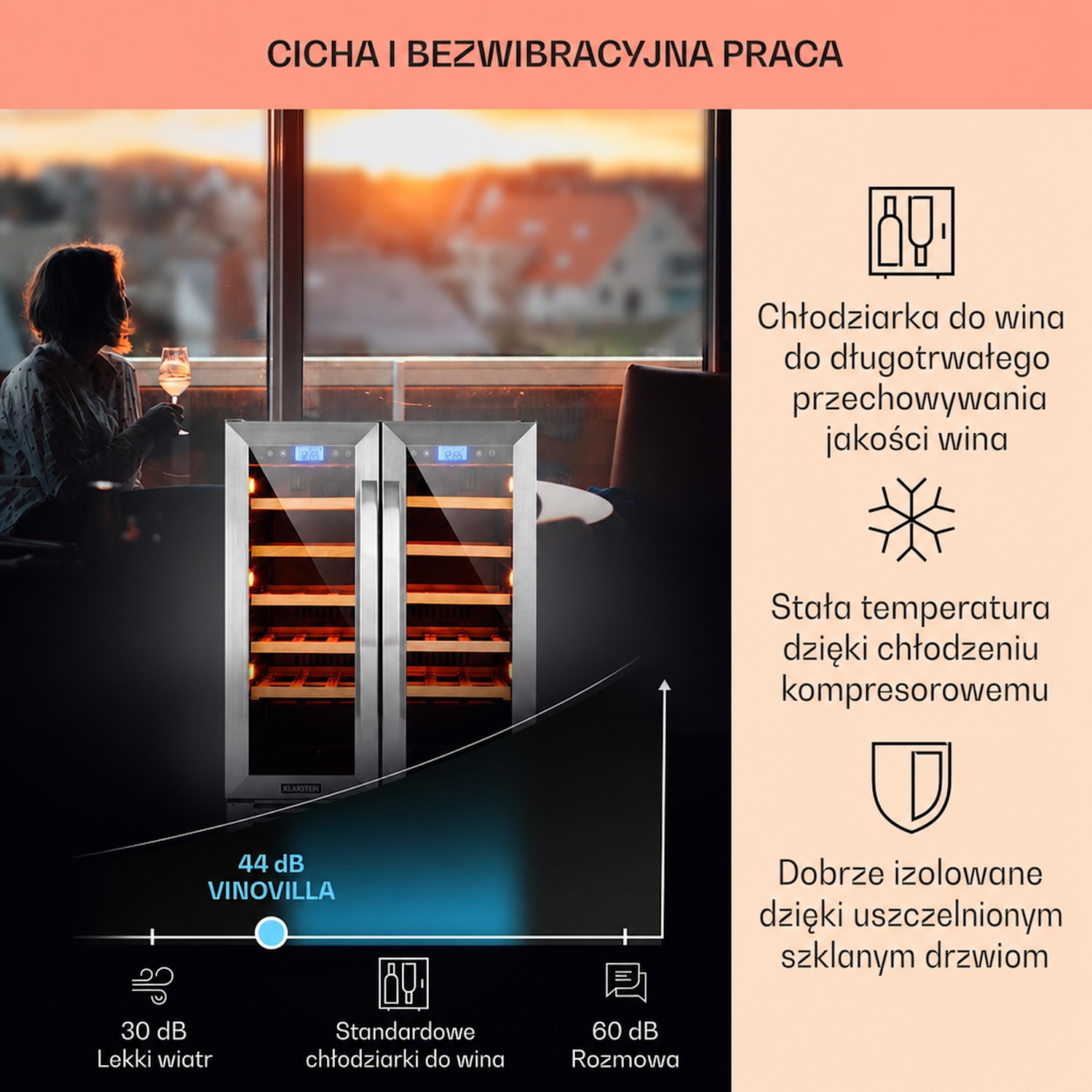 Vinovilla Duo 42, chłodziarka do wina, 2 strefy, 126 l, 42 butelki, 3 kolory, szklane drzwi 42 butelki | 2 strefy chłodzenia | Stal nierdzewna
