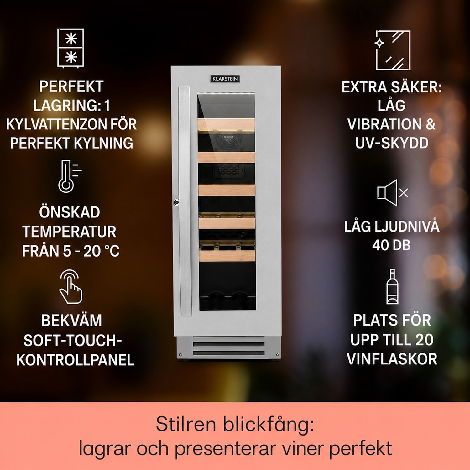 Vinovilla Smart Vinkylskåp 50l / 20 flaskor med glasdörr ädelstål 20 flaskor | 1 kylzon | Rostfritt Stål